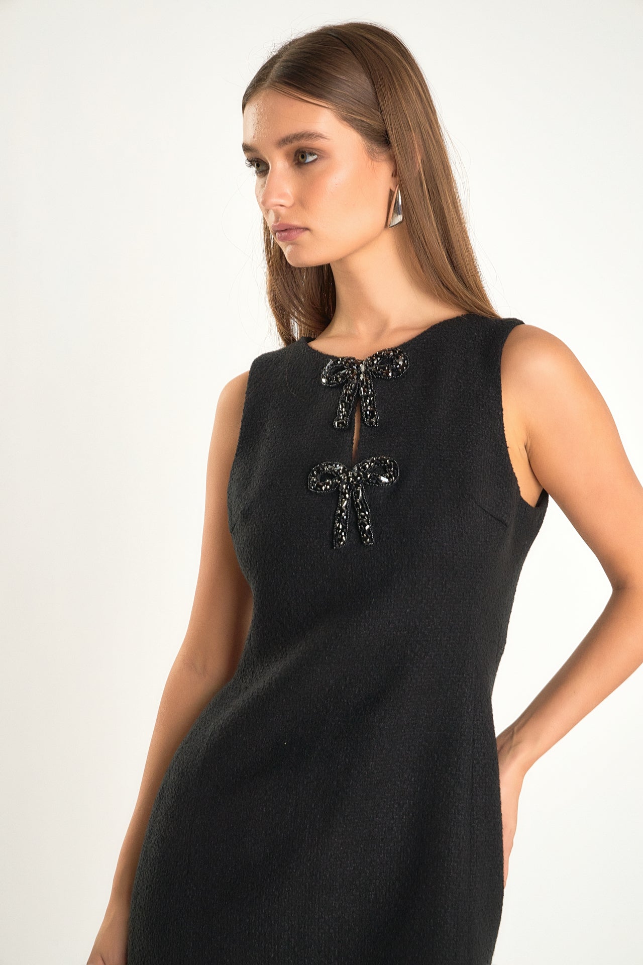 Cleo Bow Embellished Tweed Sleeveless Mini Dress