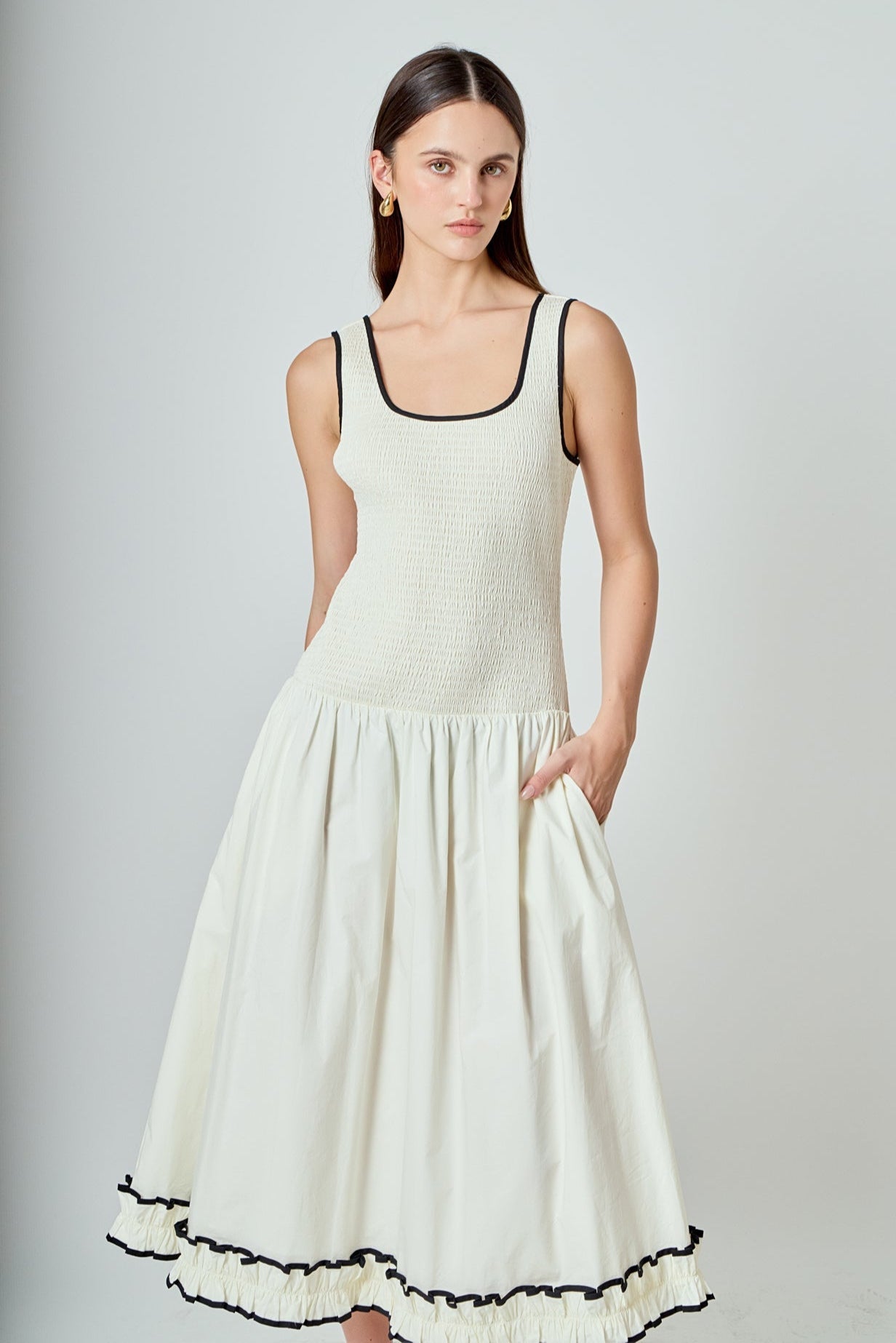 Estelle Drop waist Smocked Bodice Midi Dress