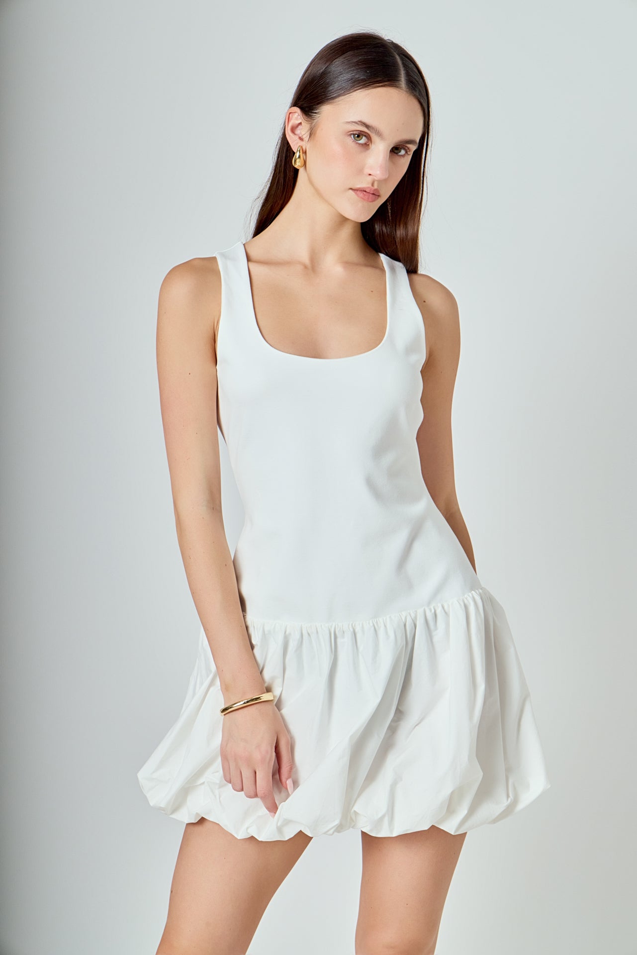 Quinn Mixed Media Scoop Neck Blouson Mini Dress