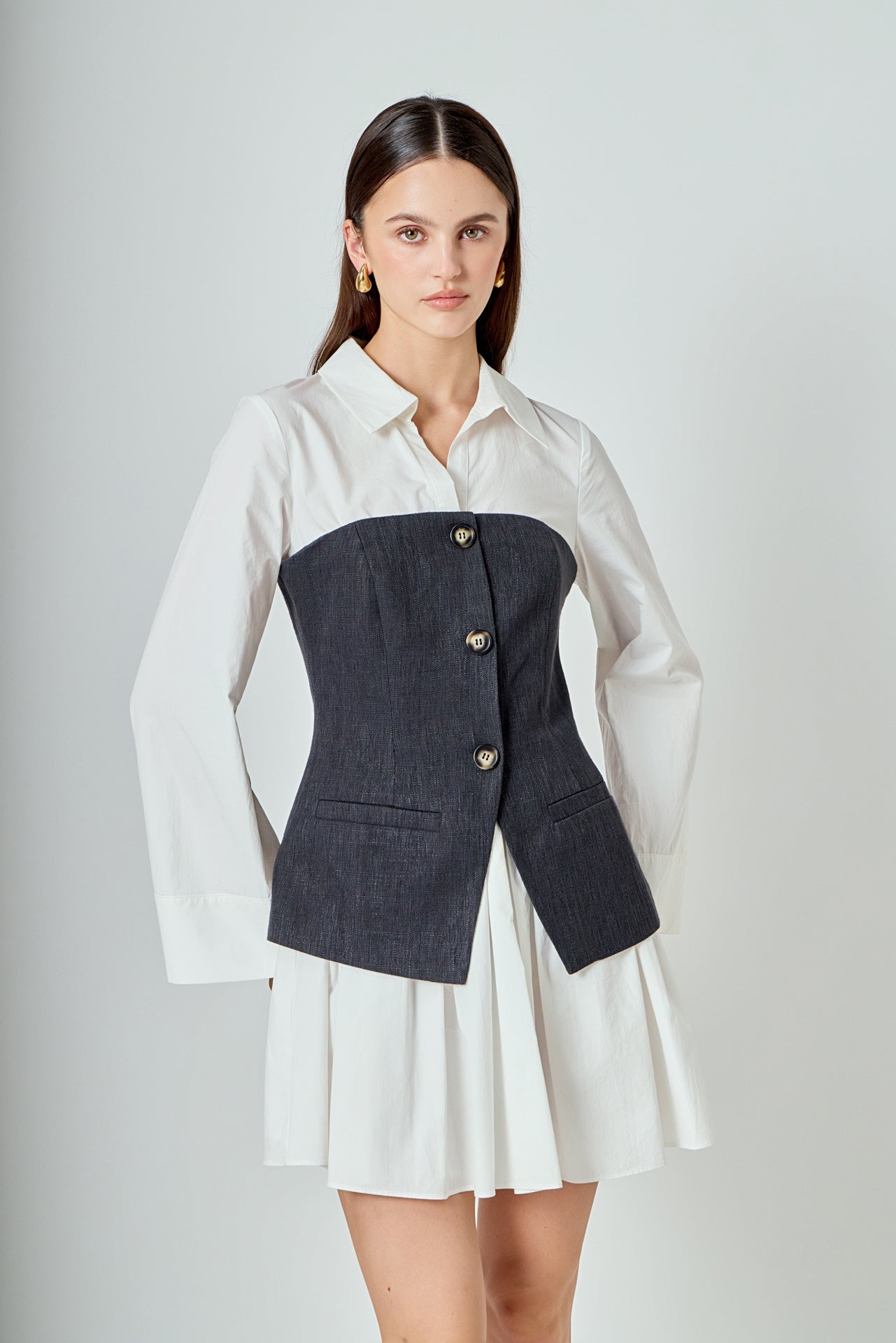 Mixed Media Tweed Poplin Mini Dress