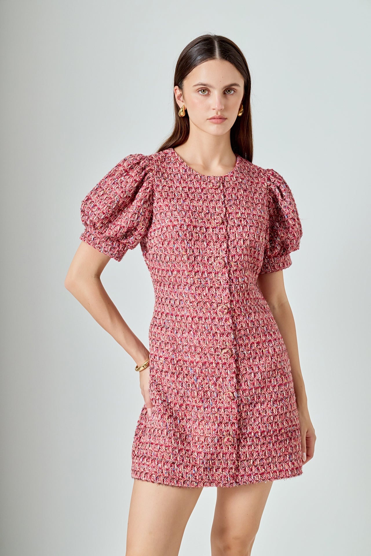 Tweed Puffed Sleeve Mini Dress