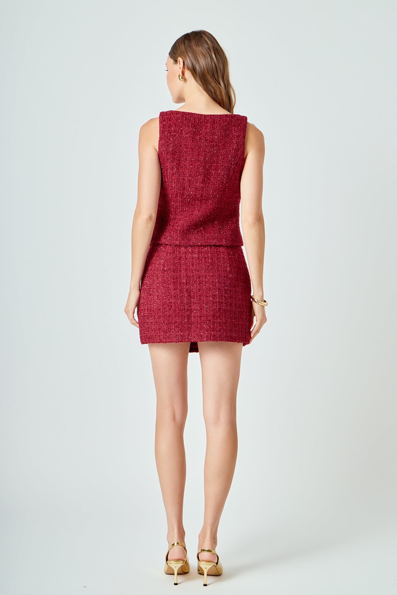 Tweed Scoop Neck Buttoned Top