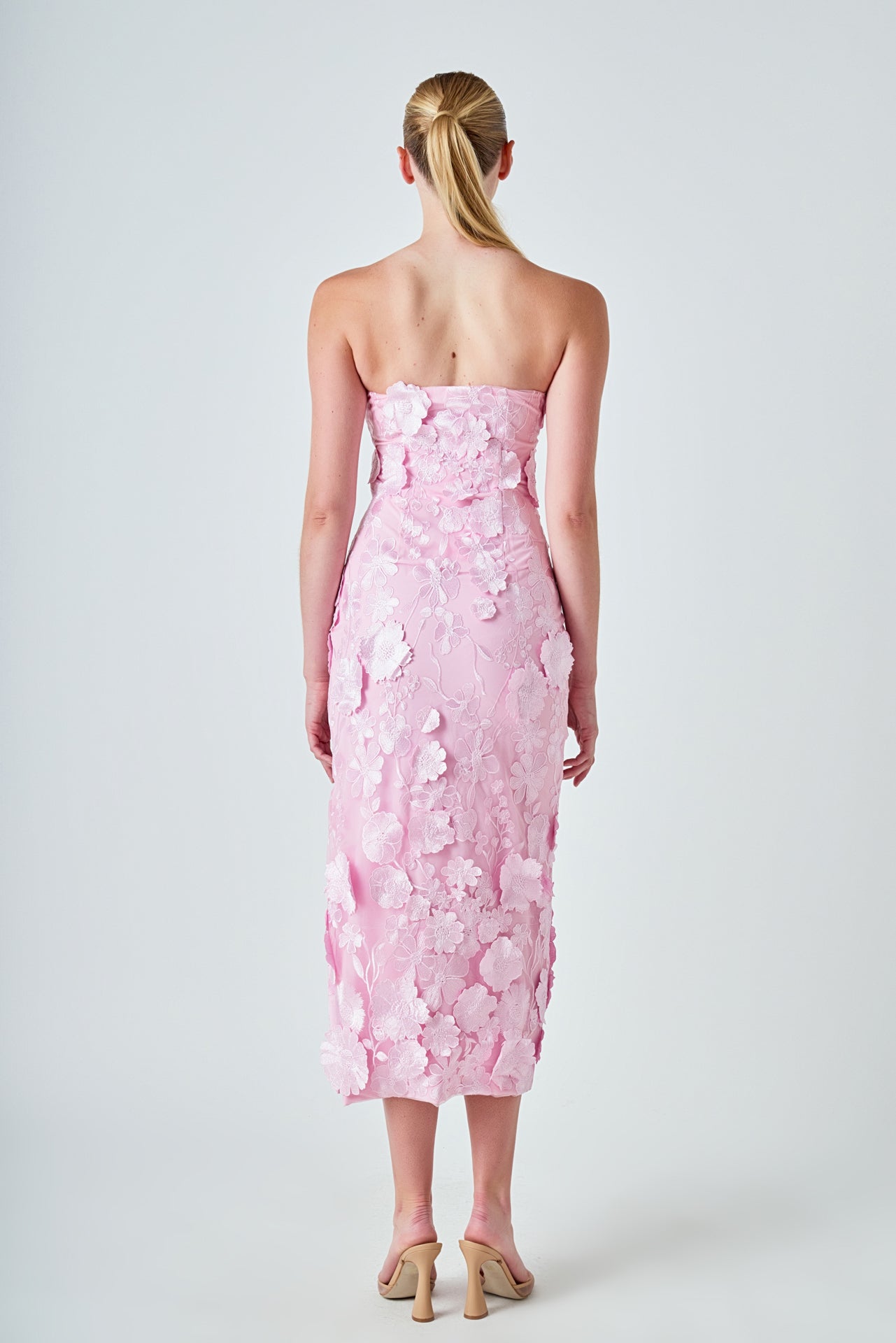 Strapless 3D applique Midi Dress