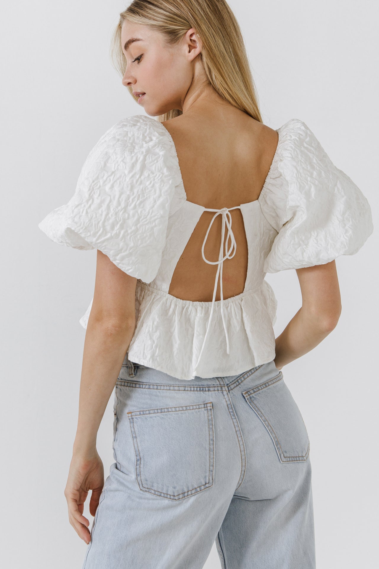 Square Neck Puff Sleeve Jacquard Top