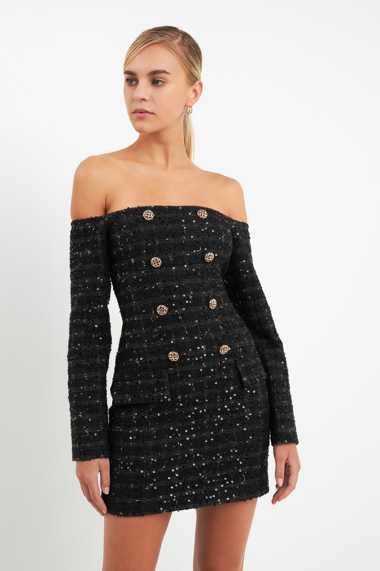 Off-The-Shoulder Tweed Mini Dress