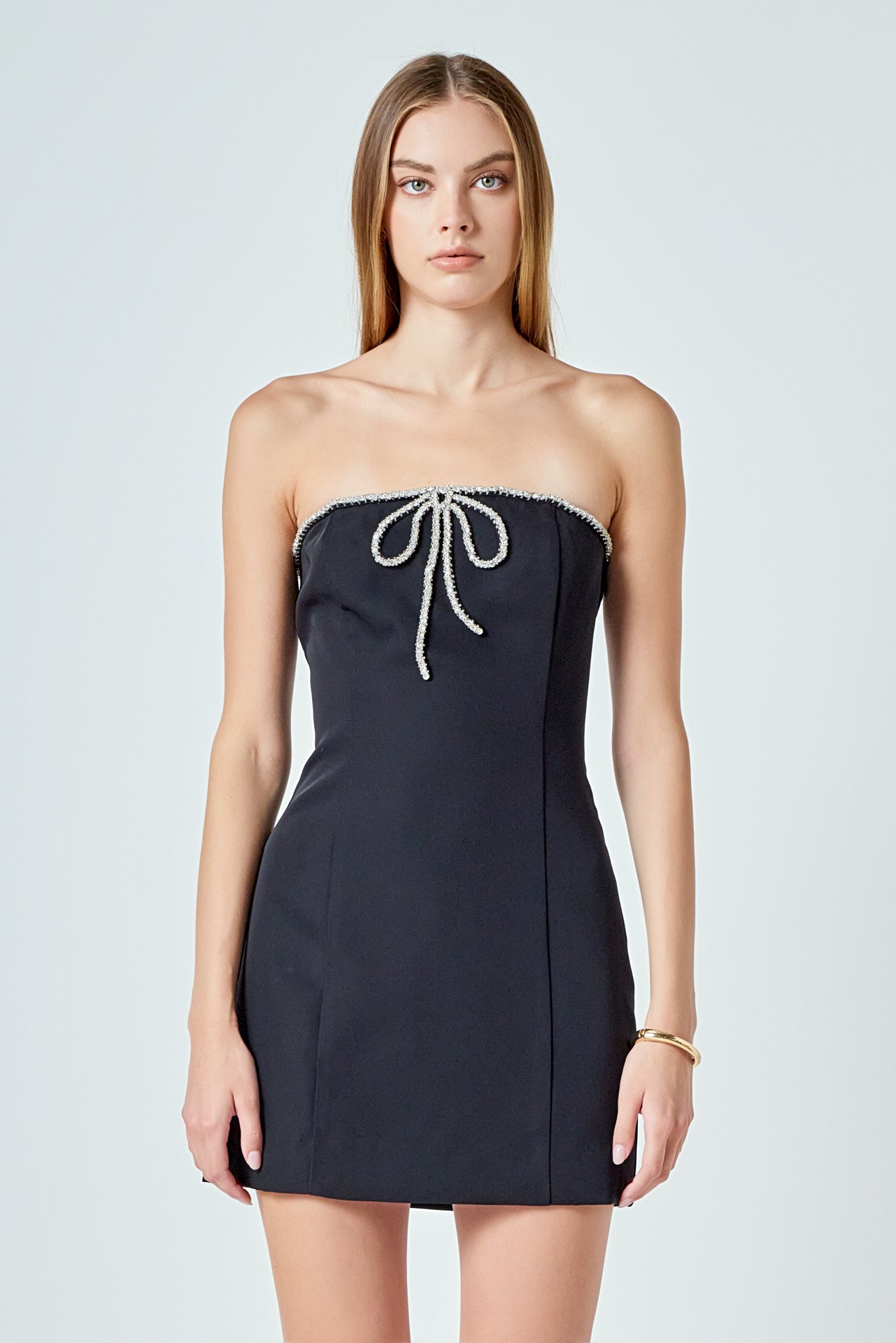 Rhinestone Bow Tube Top Mini Dress