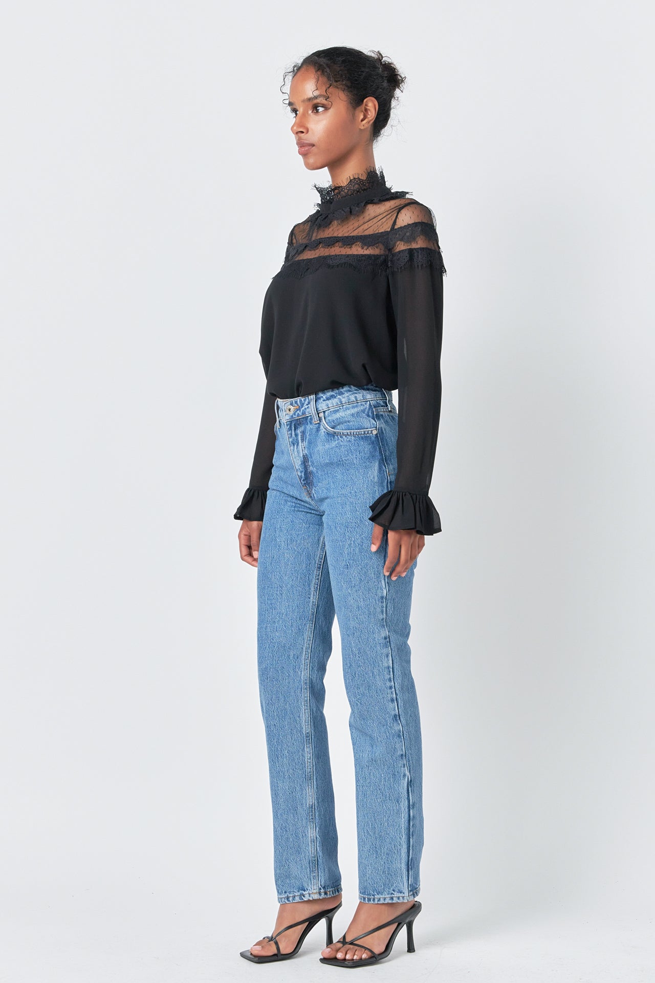 Blouse with Mesh Yoke and Lace Trim Detail