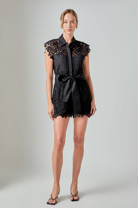 Astrid Belted Lace Romper