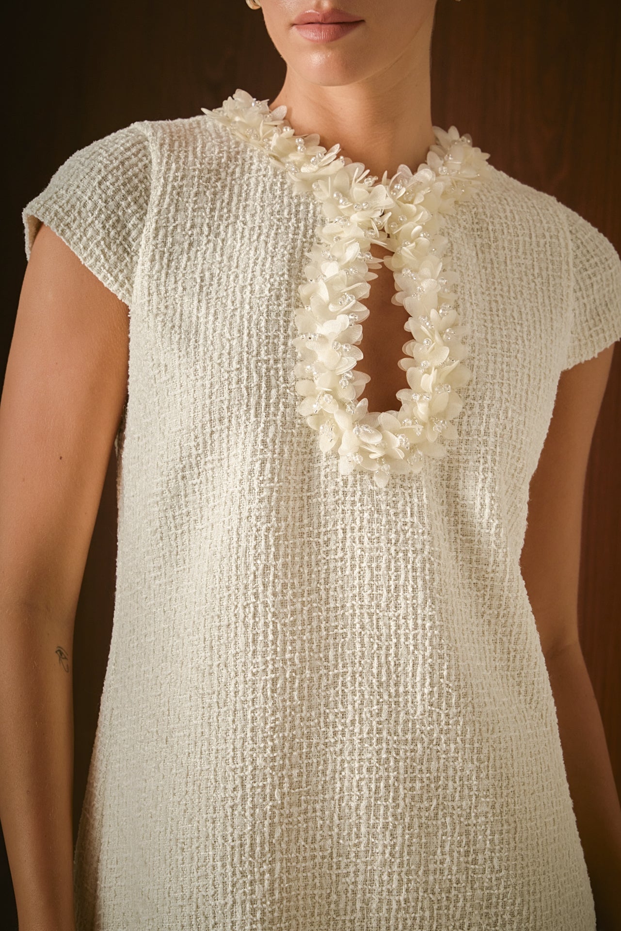 Tweed Shift Dress with Floral Trim