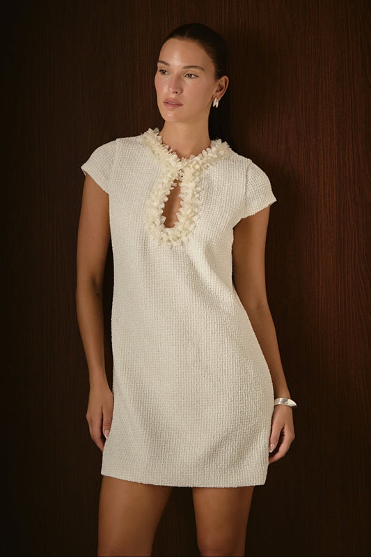 Tweed Shift Dress with Floral Trim