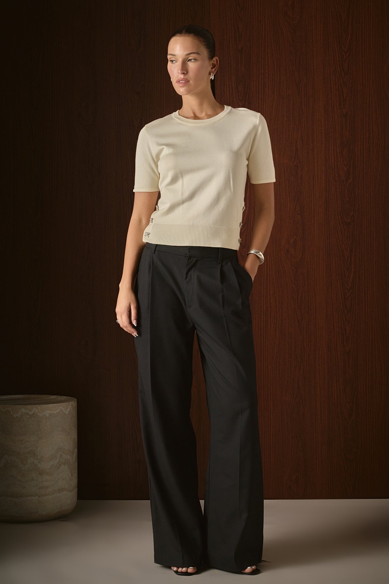 Side Bow Buttoned Knit Top