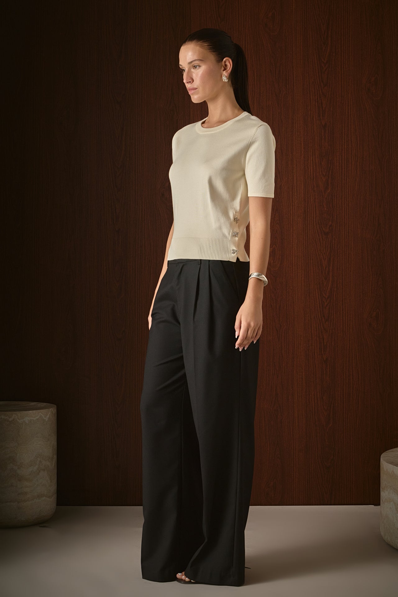 Side Bow Buttoned Knit Top