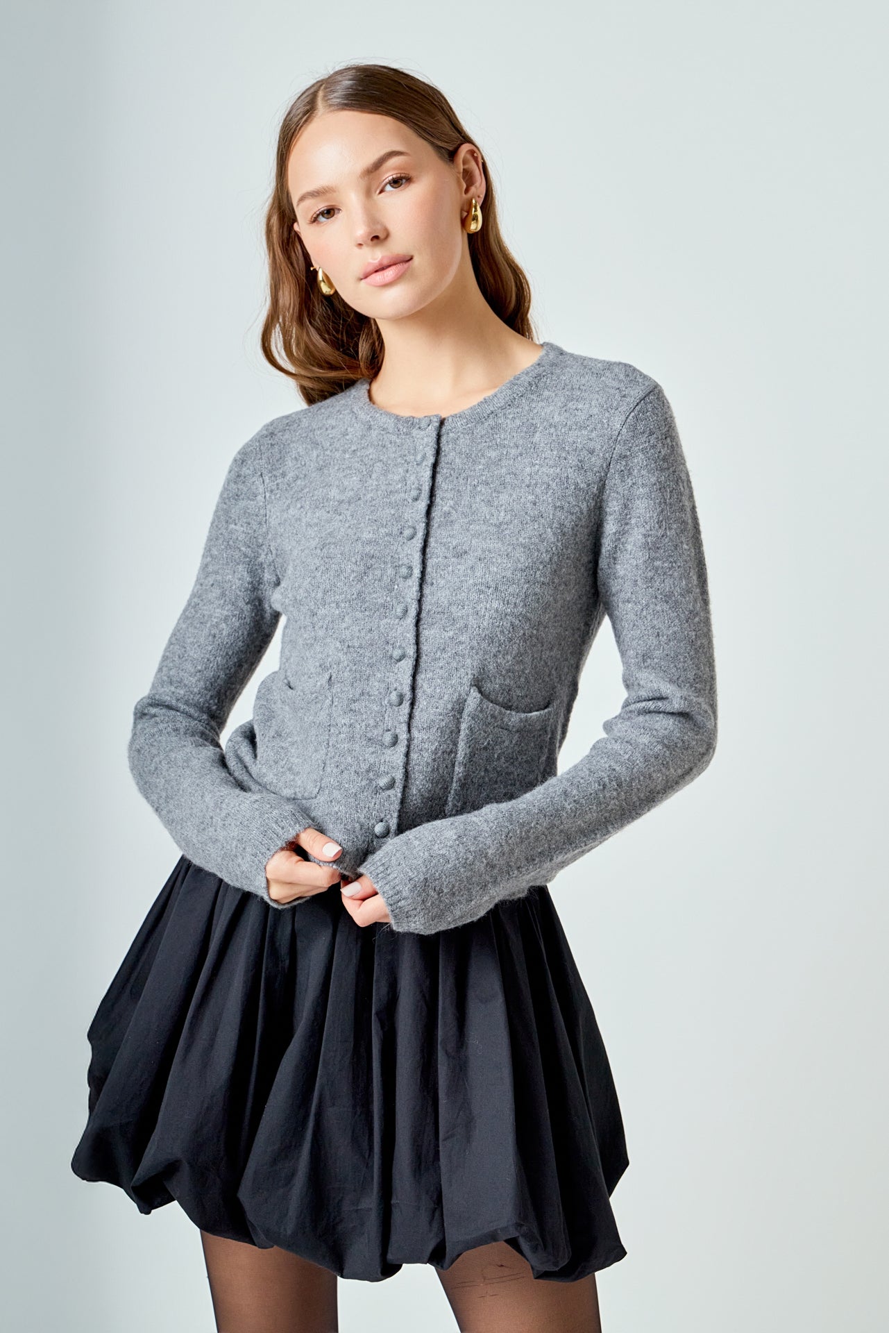 Crewneck Button Down Knit Top