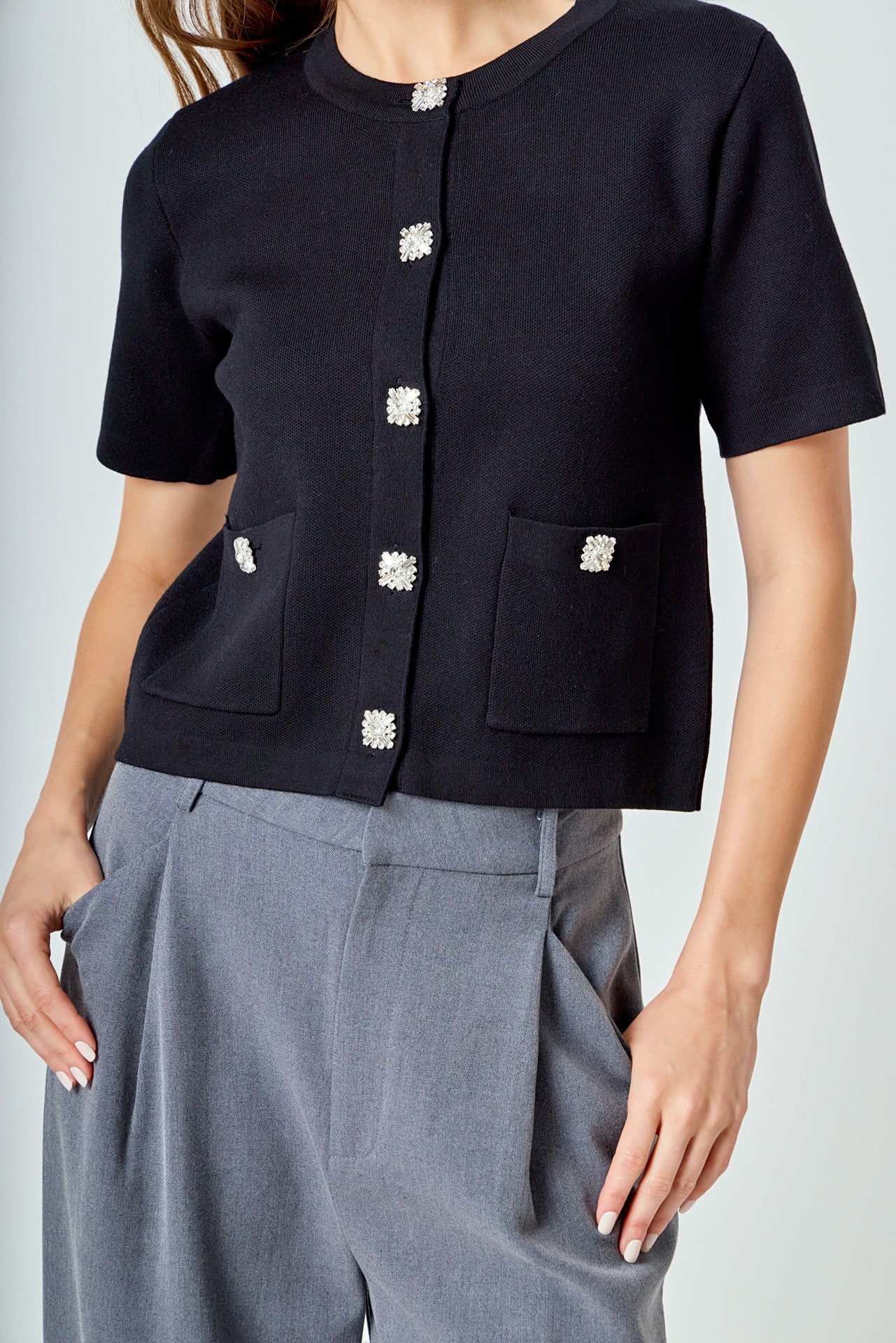 Short Sleeve Jewel Button-Up Cardigan