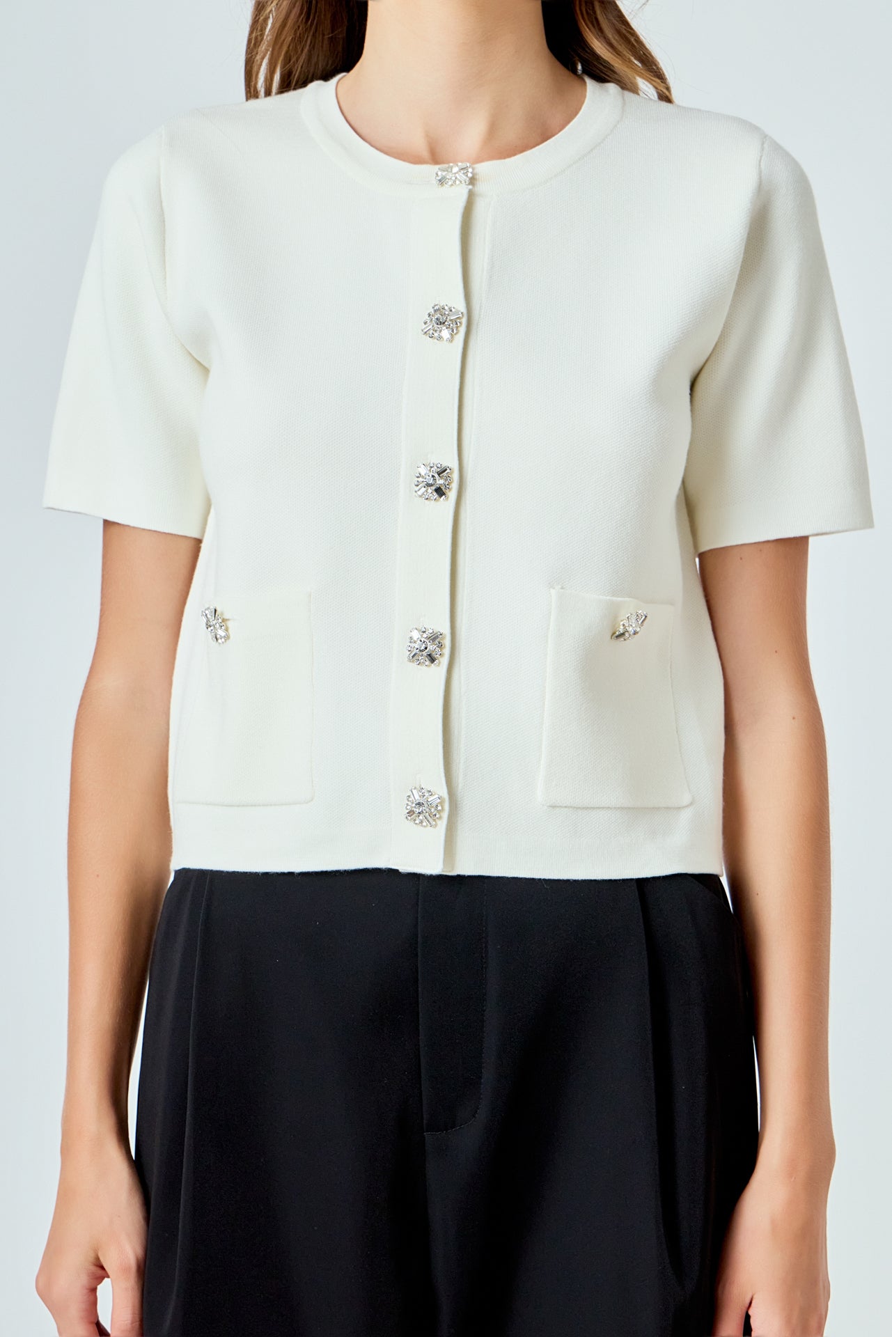 Short Sleeve Jewel Button-Up Cardigan