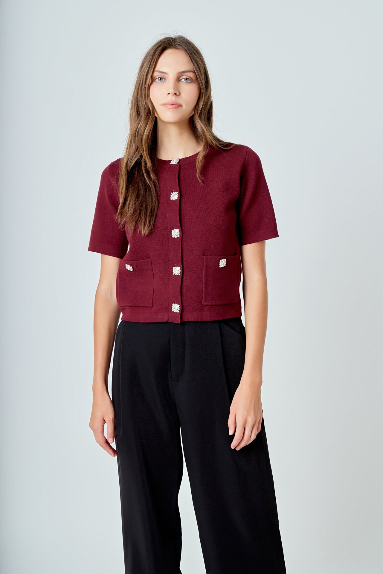 Short Sleeve Jewel Button-Up Cardigan