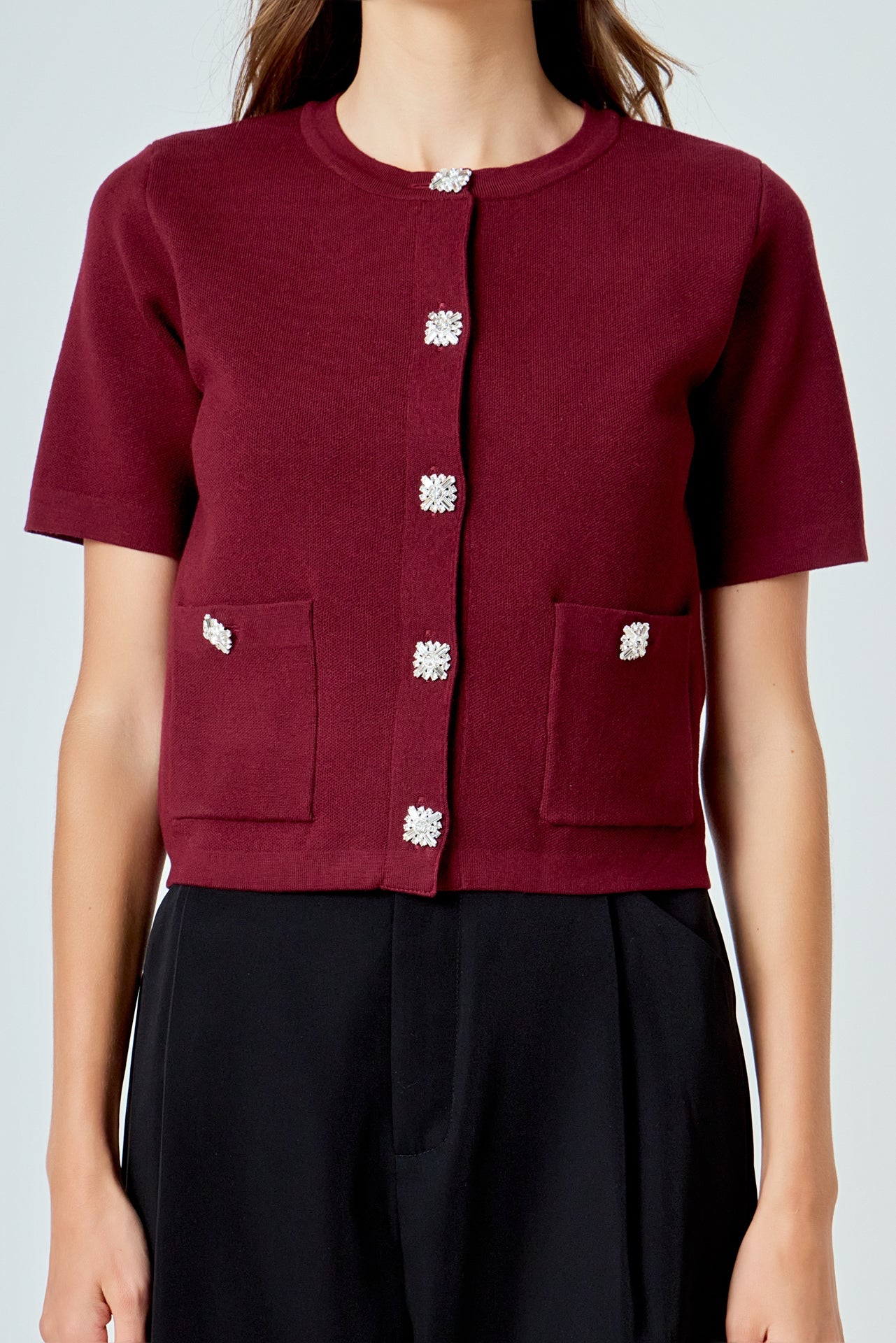 Short Sleeve Jewel Button-Up Cardigan