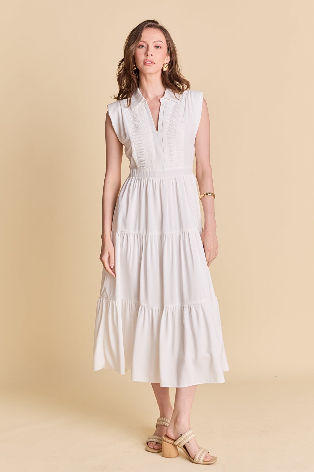 Pintuck Details Sleeveless Midi Dress