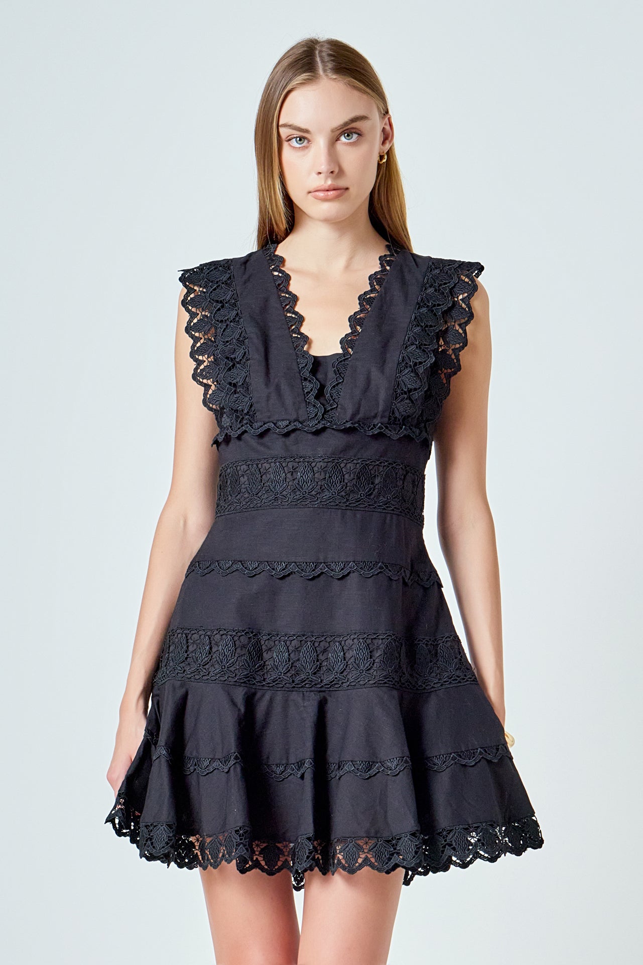 Plunging Neck Lace Trim Dress