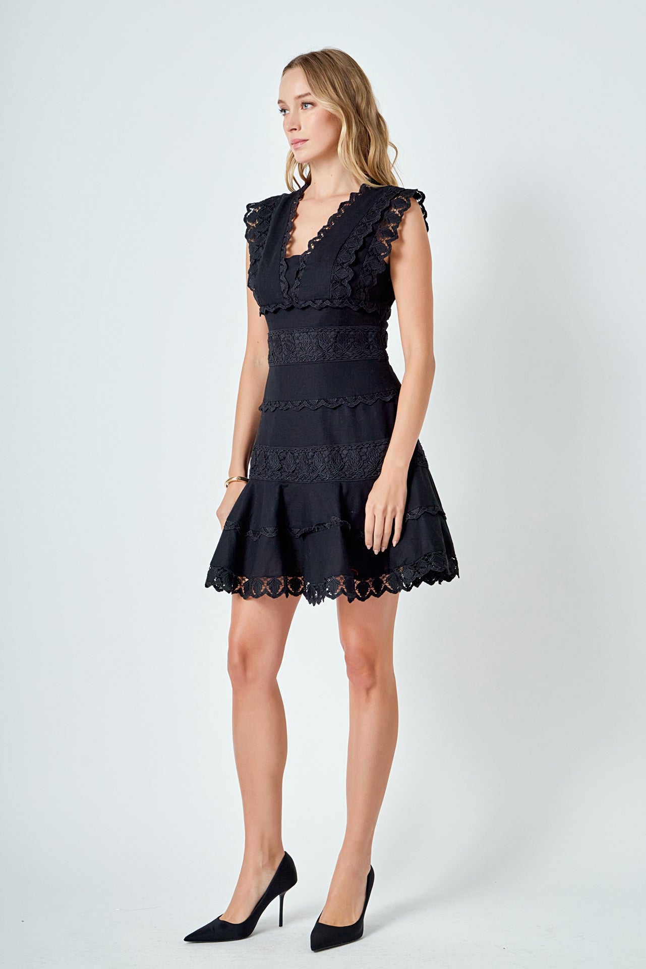 Plunging Neck Lace Trim Dress