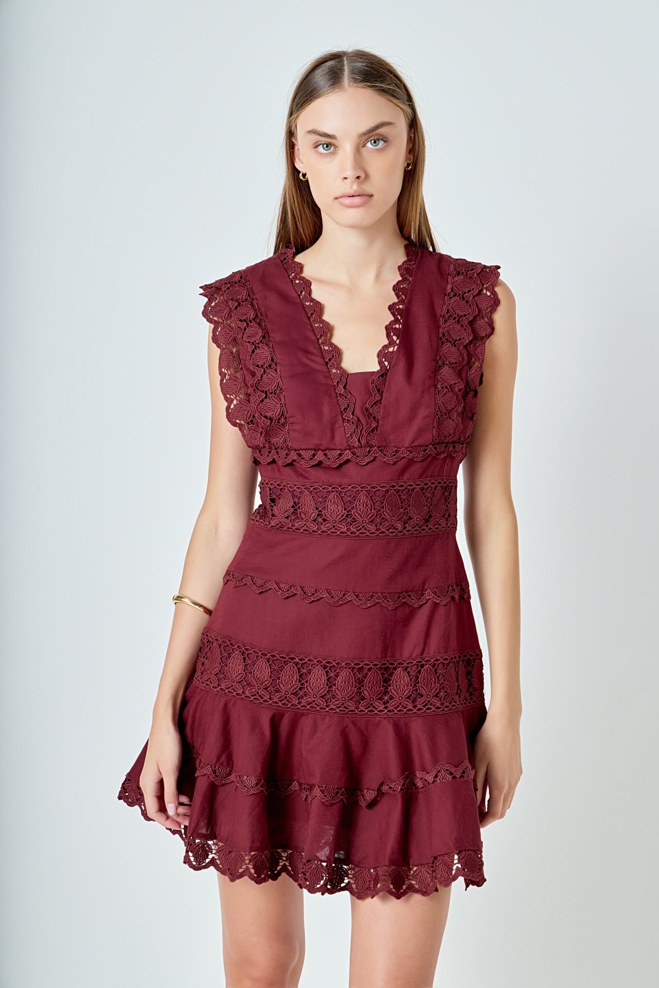 Plunging Neck Lace Trim Dress