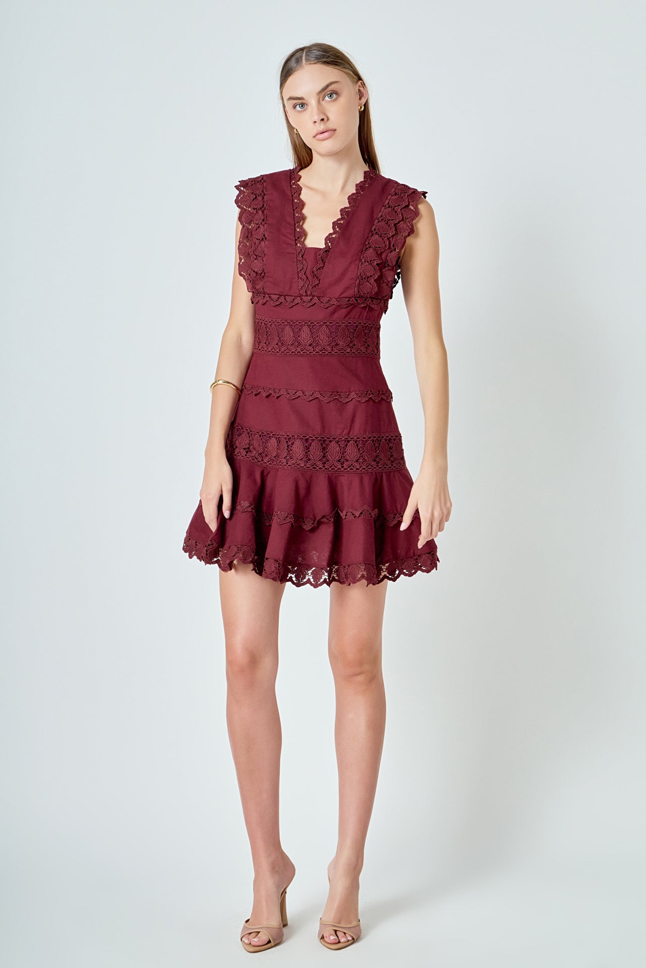 Plunging Neck Lace Trim Dress