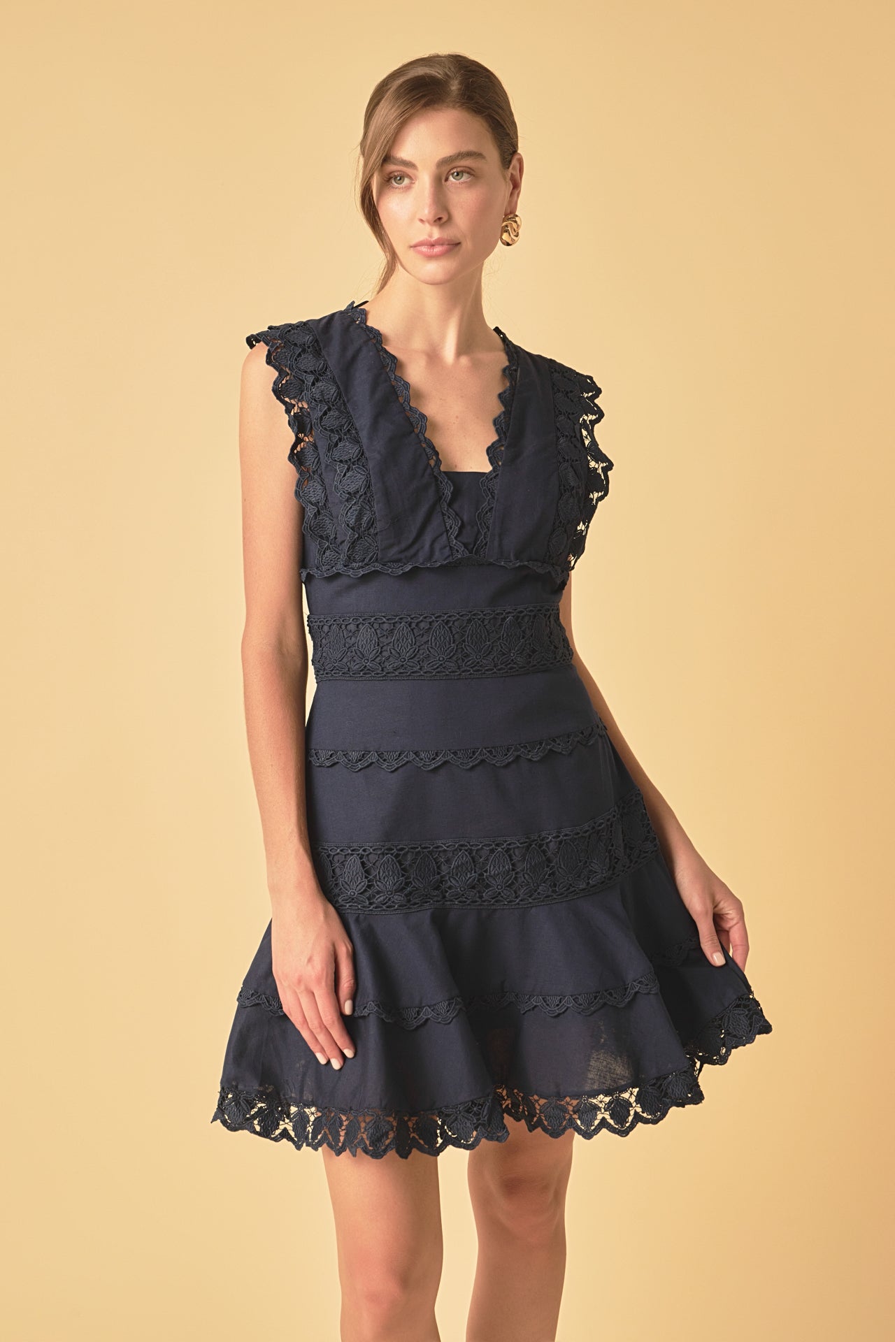 Plunging Neck Lace Trim Dress