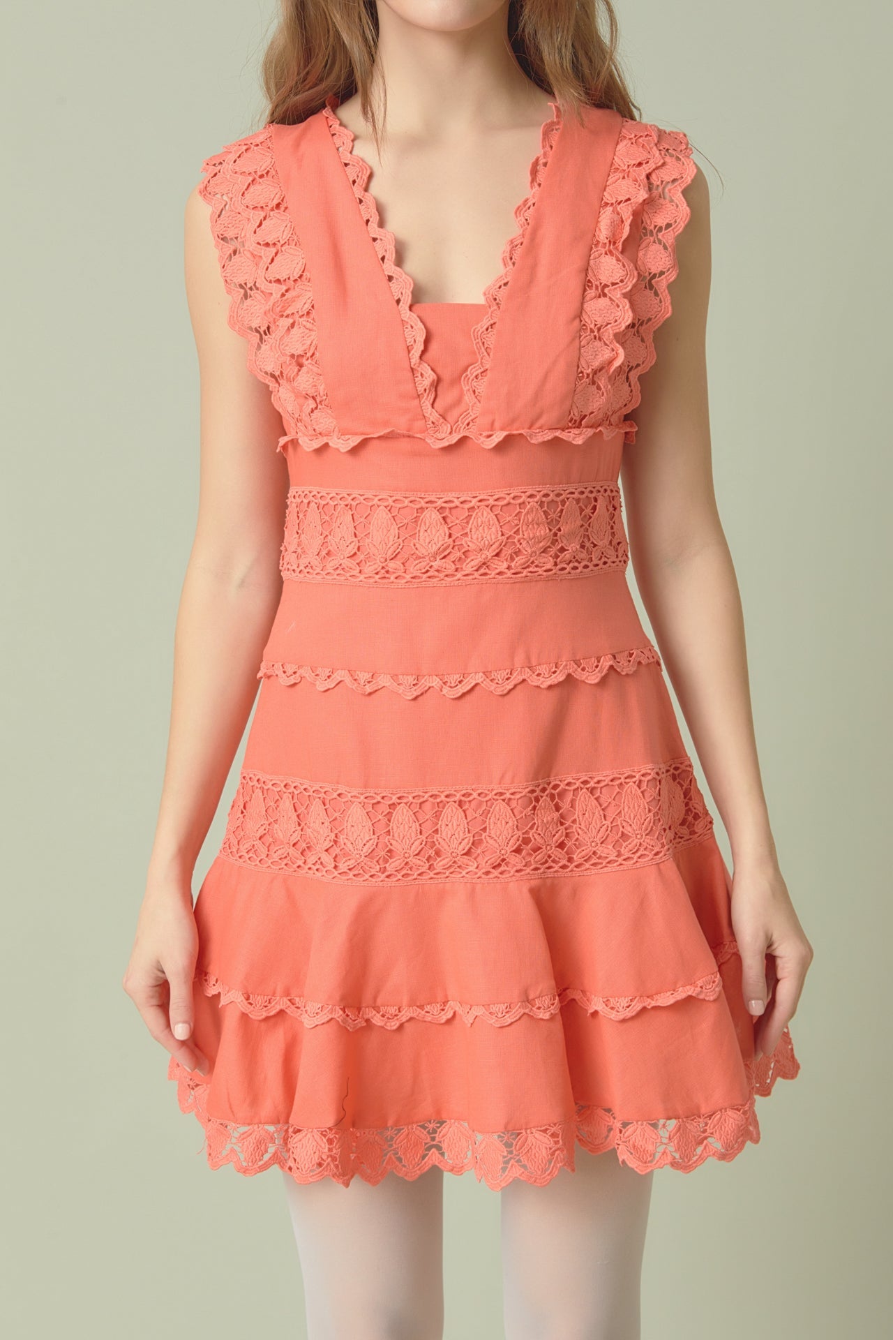 Plunging Neck Lace Trim Dress