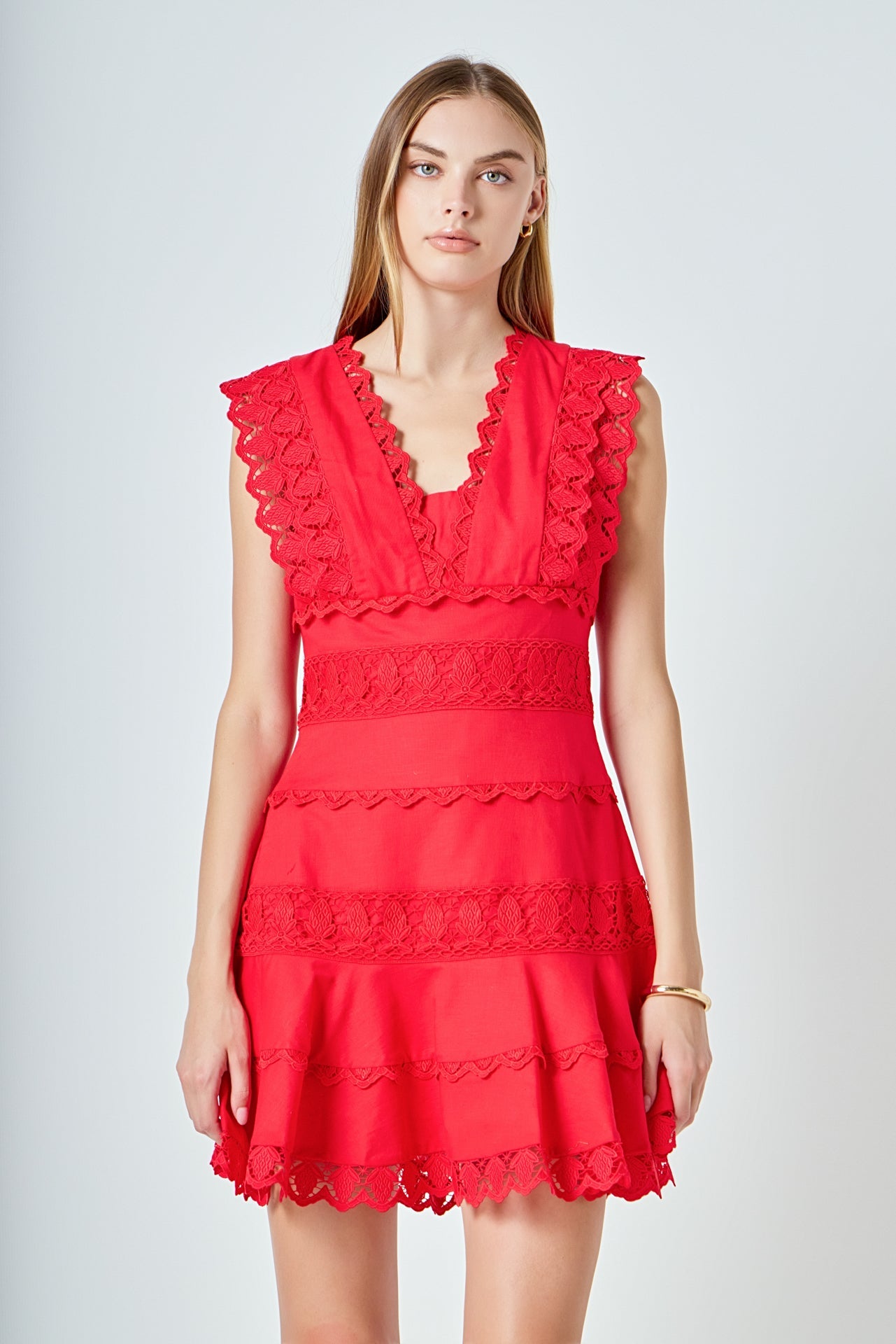 Plunging Neck Lace Trim Dress
