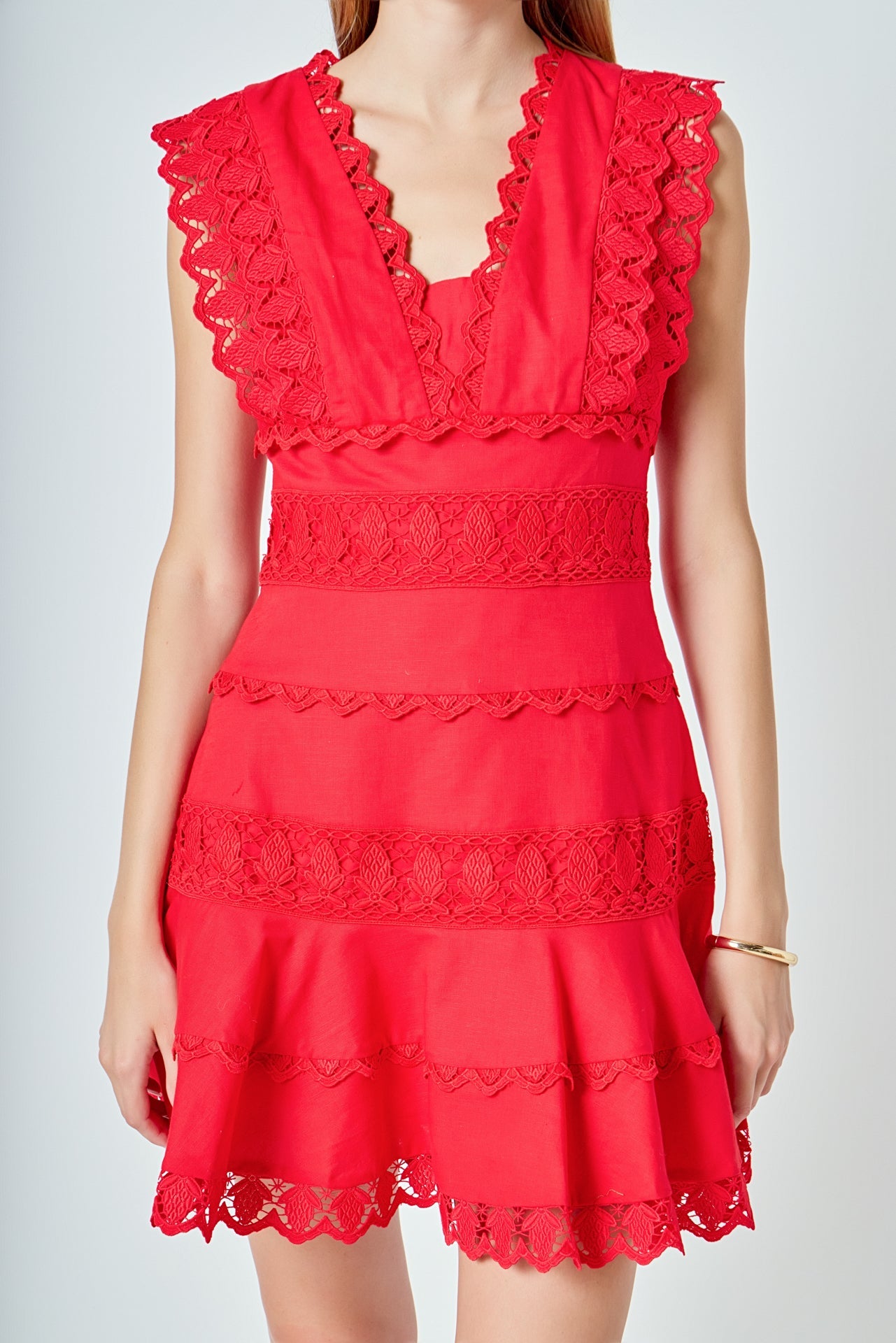 Plunging Neck Lace Trim Dress