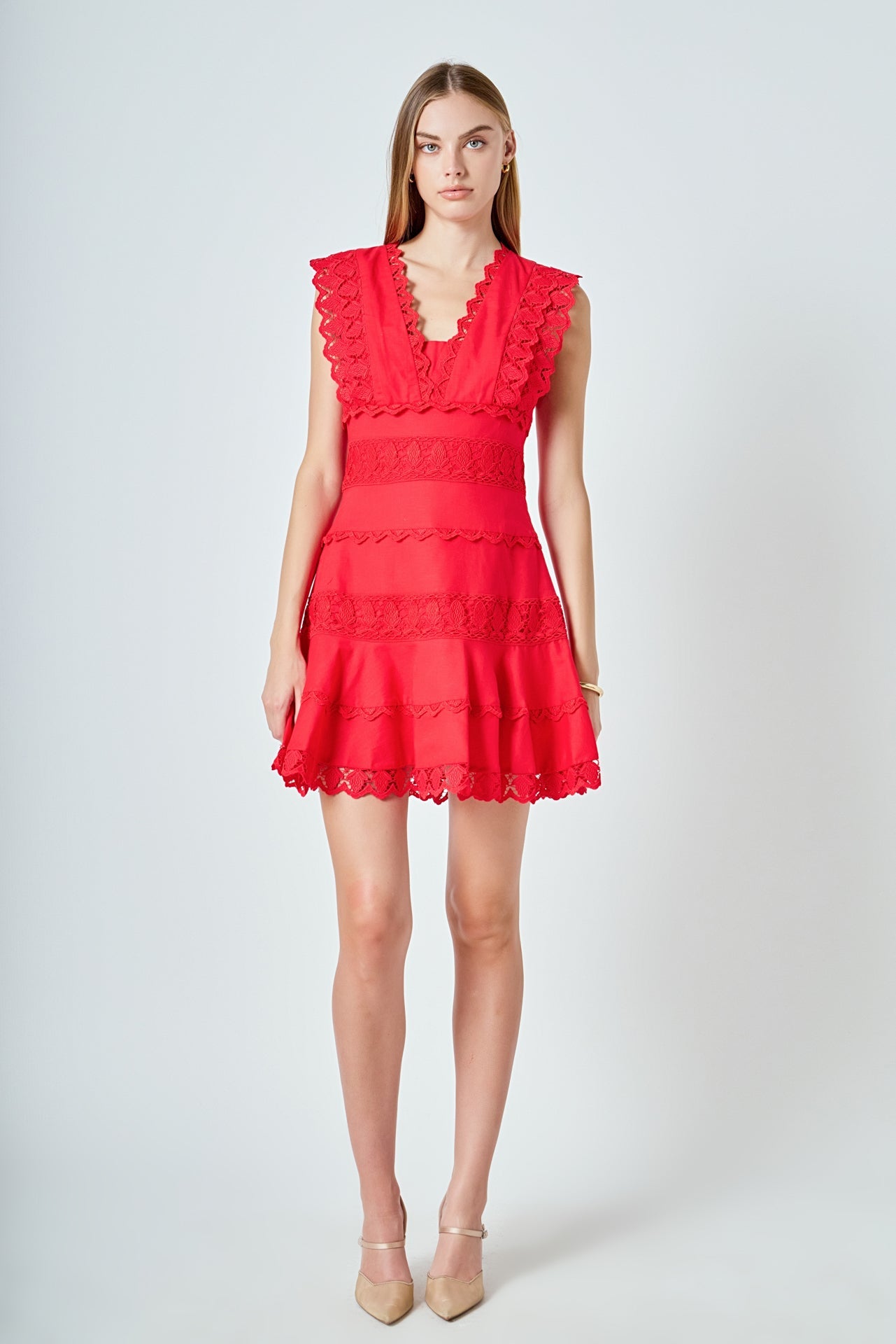 Plunging Neck Lace Trim Dress