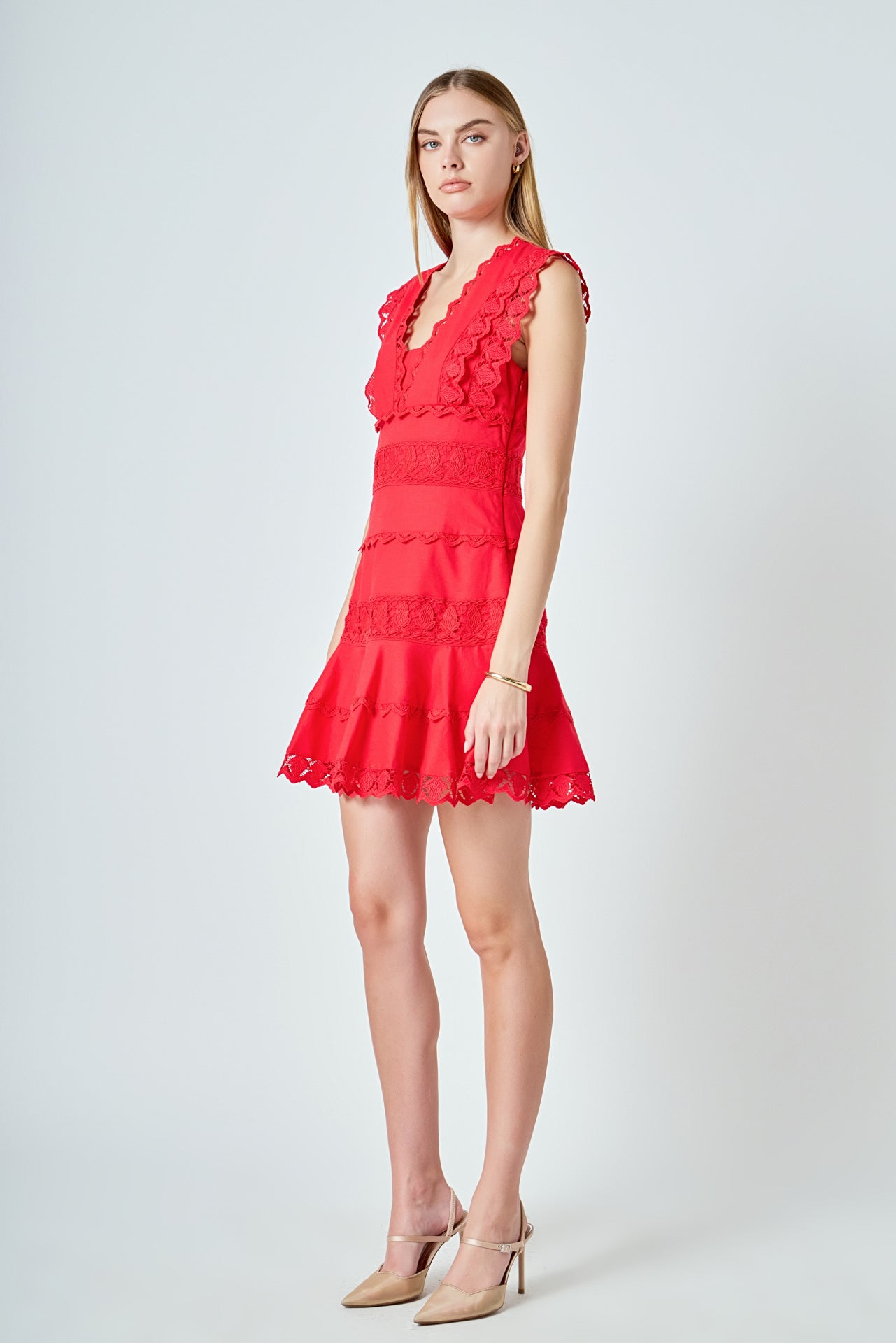 Plunging Neck Lace Trim Dress