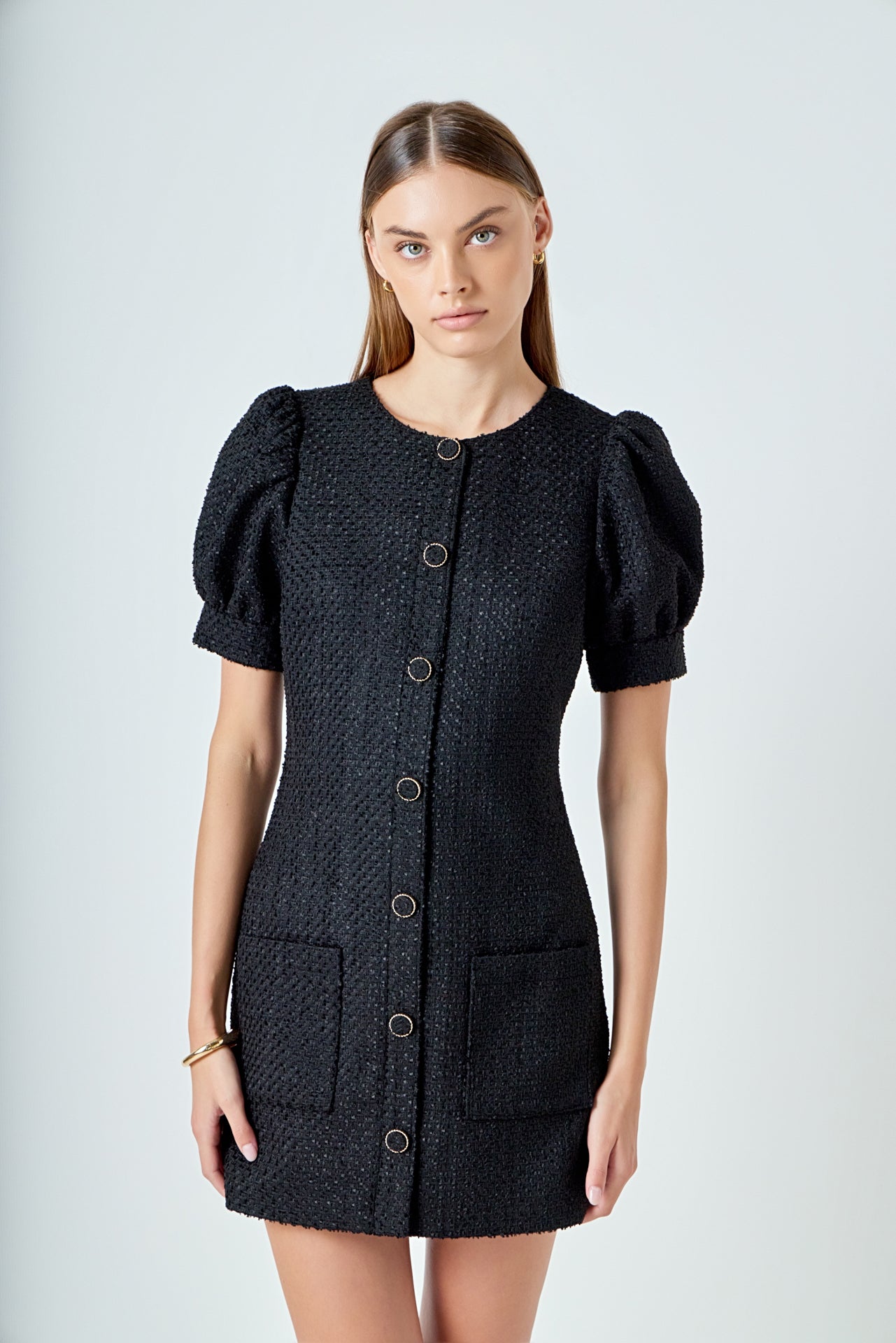 Tweed Puff Sleeve Mini Dress