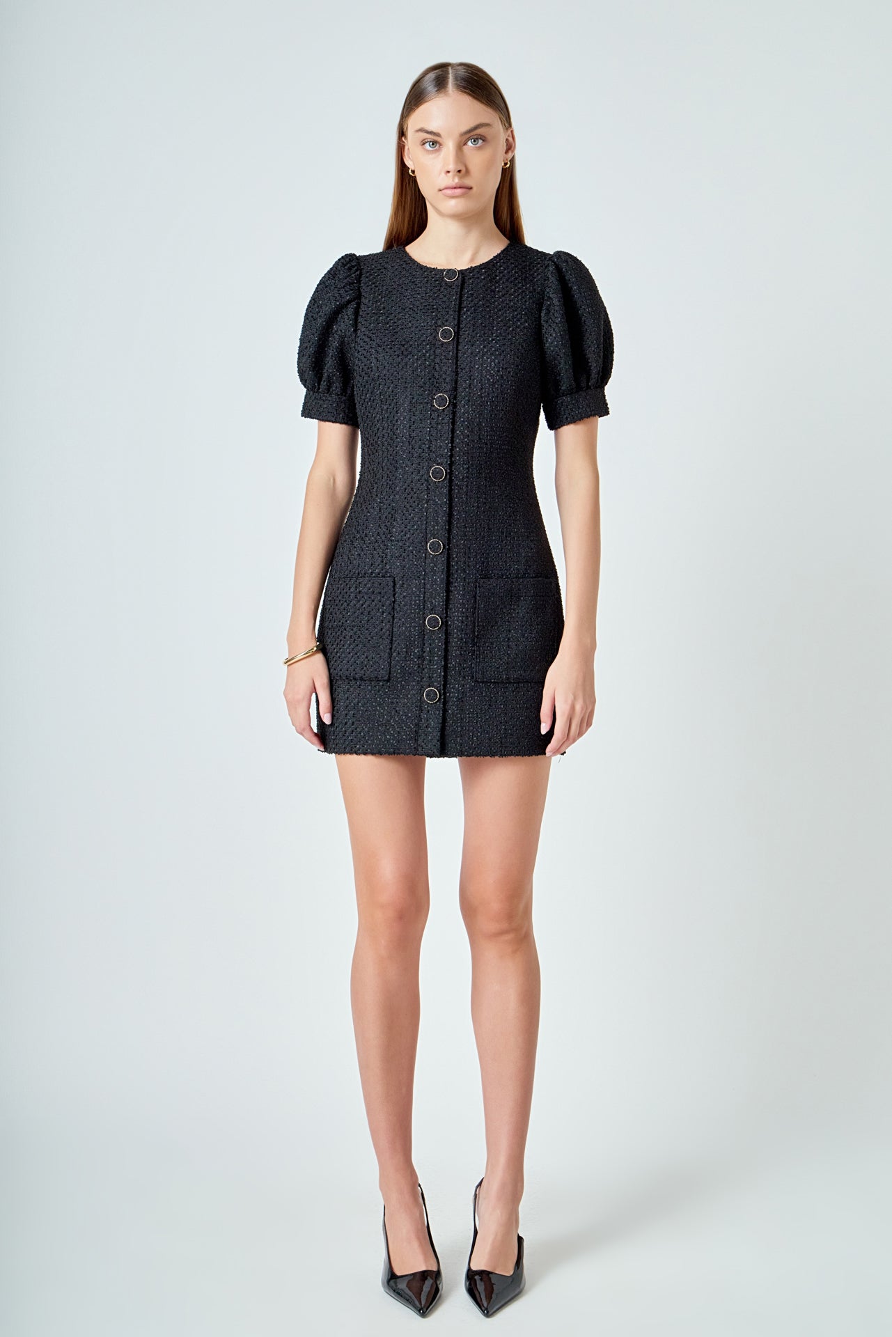 Tweed Puff Sleeve Mini Dress
