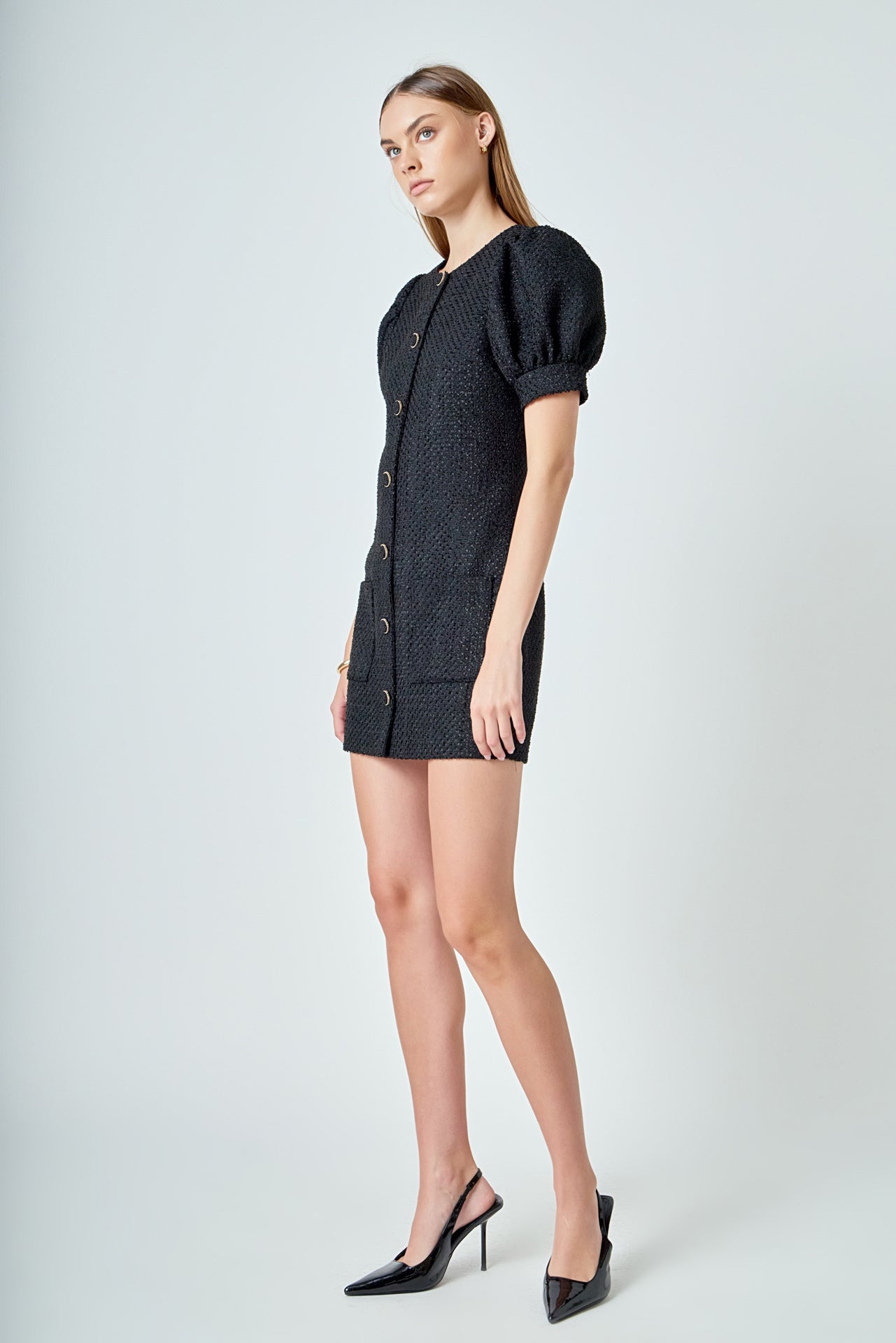 Tweed Puff Sleeve Mini Dress