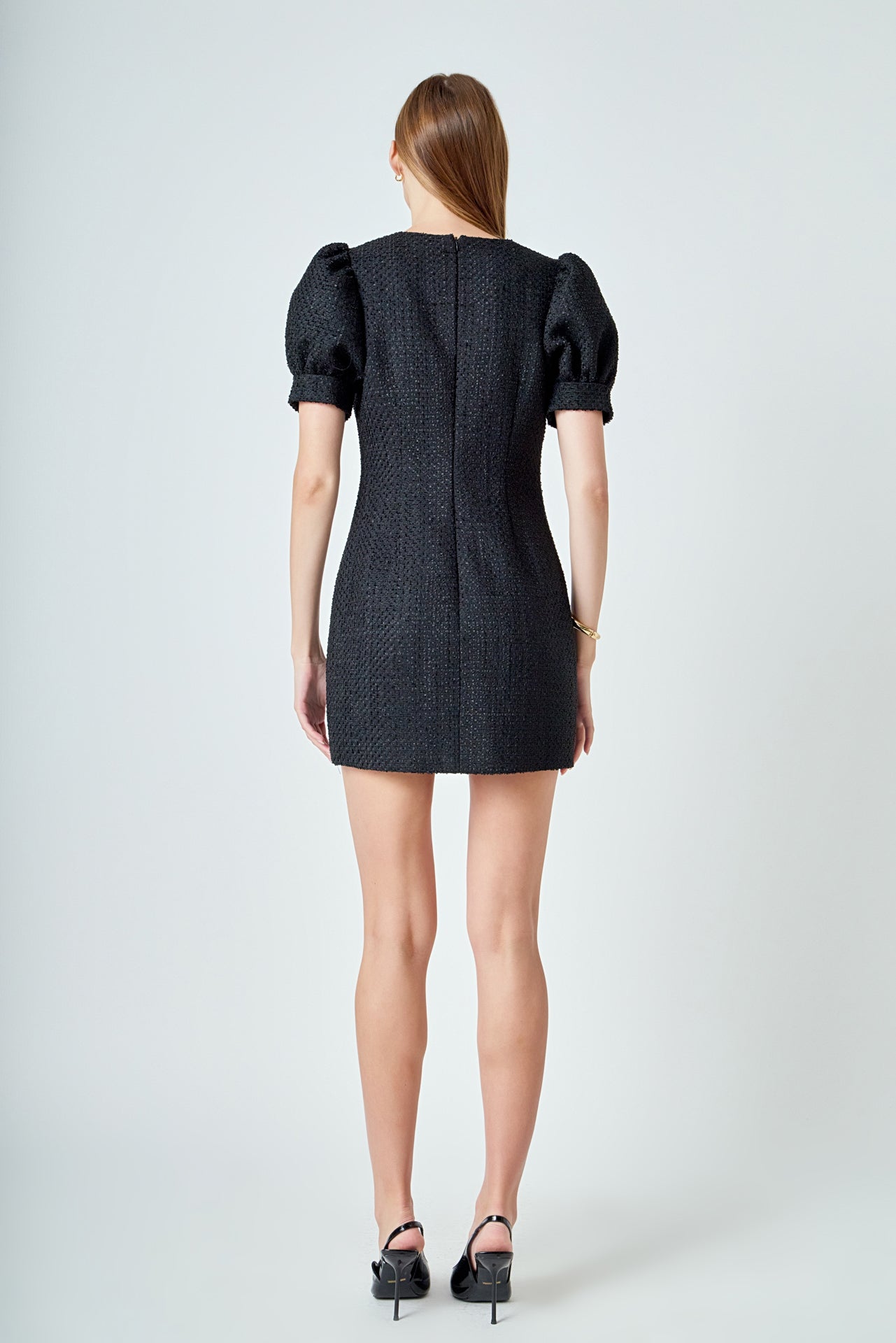 Tweed Puff Sleeve Mini Dress