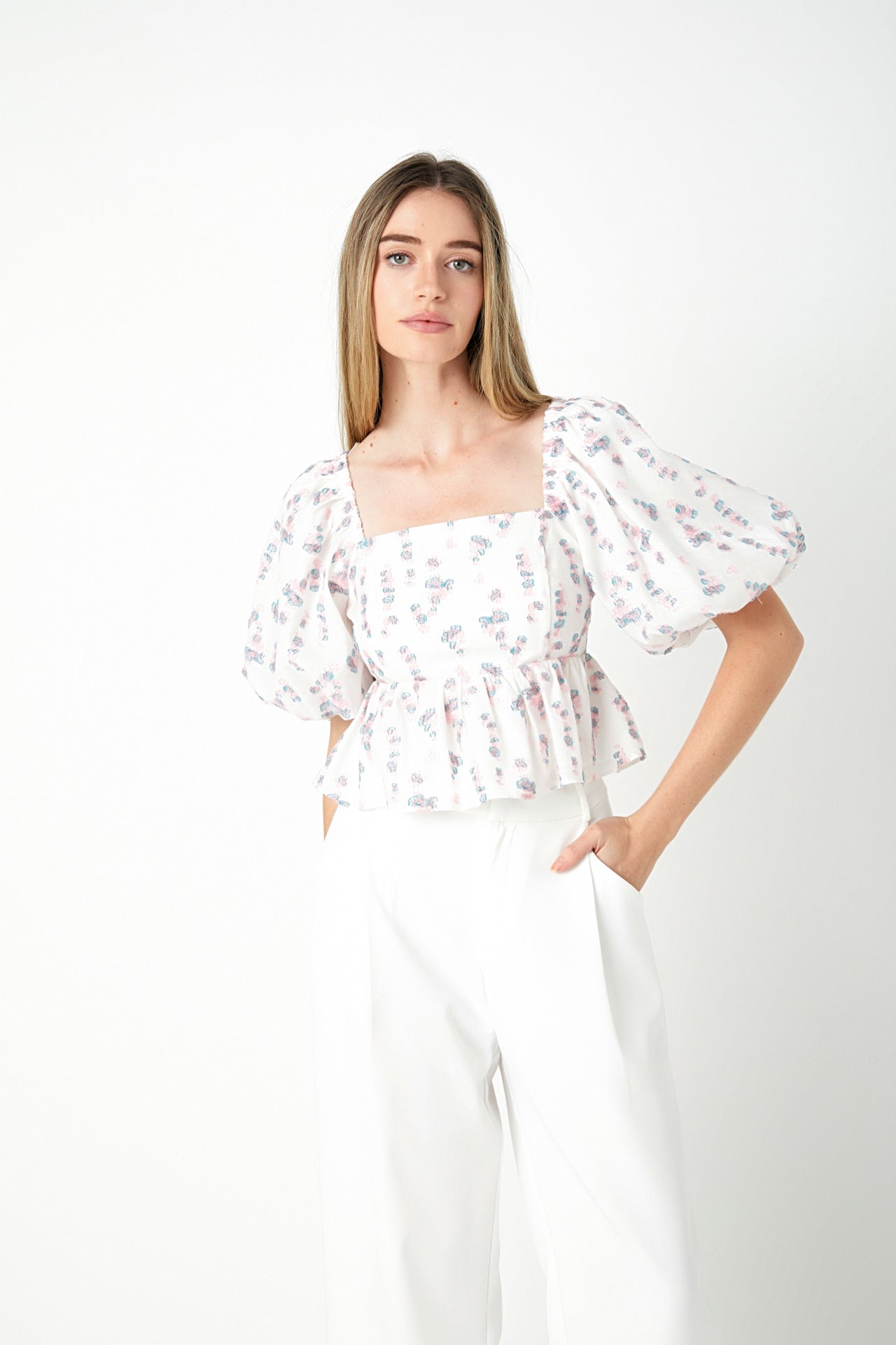 Blouson Sleeve Floral Textured Top