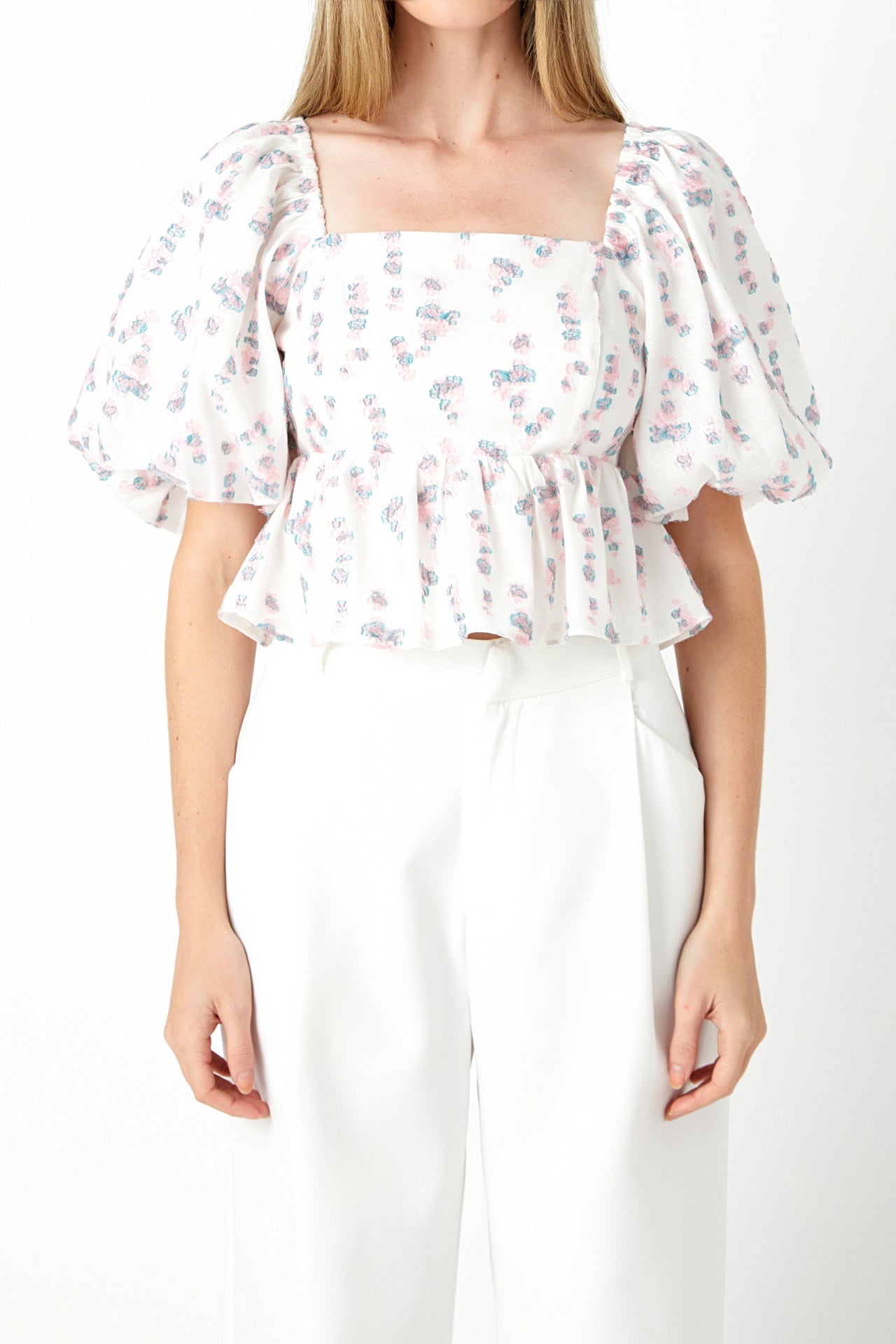Blouson Sleeve Floral Textured Top