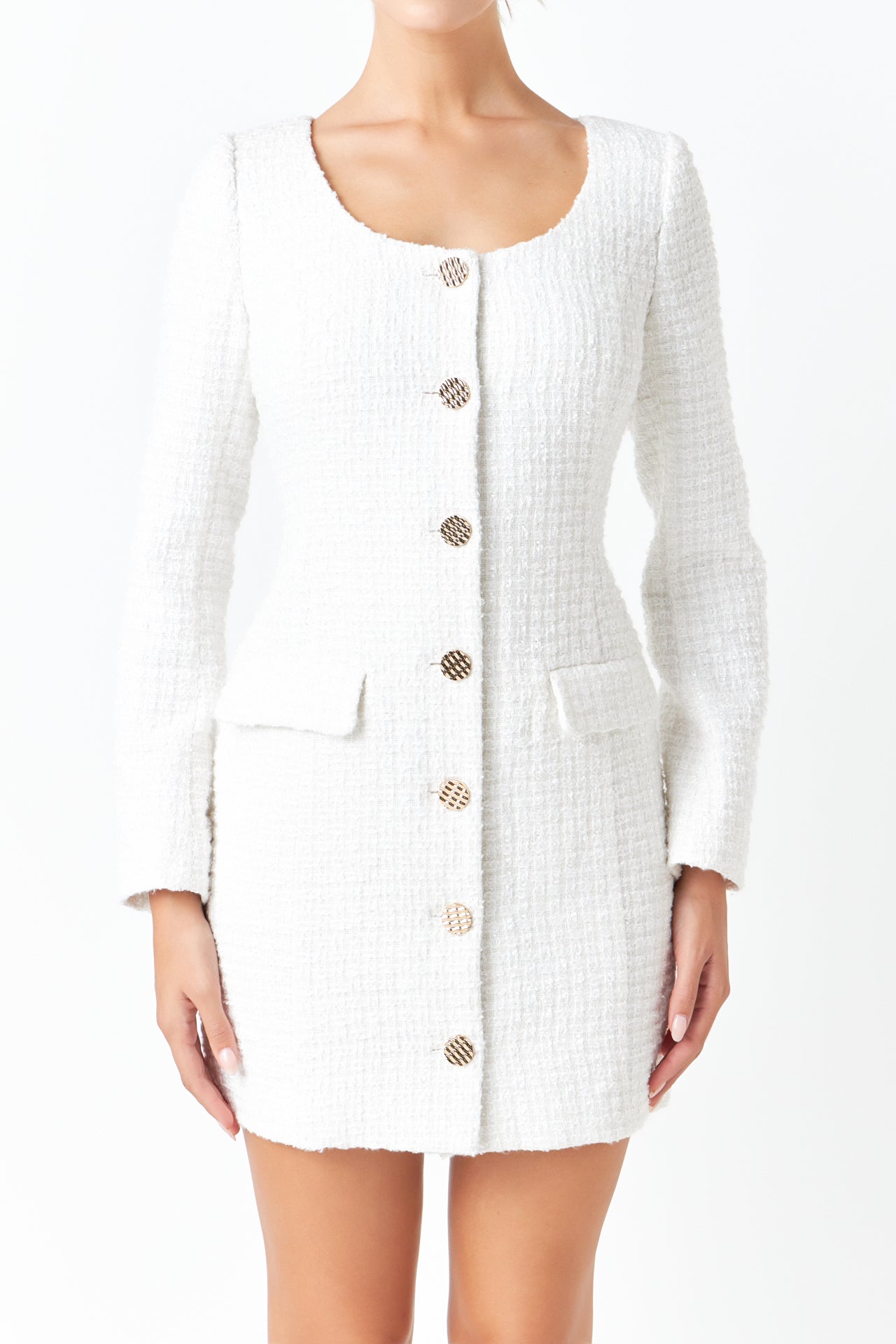 Scooped Neckline Tweed Dress