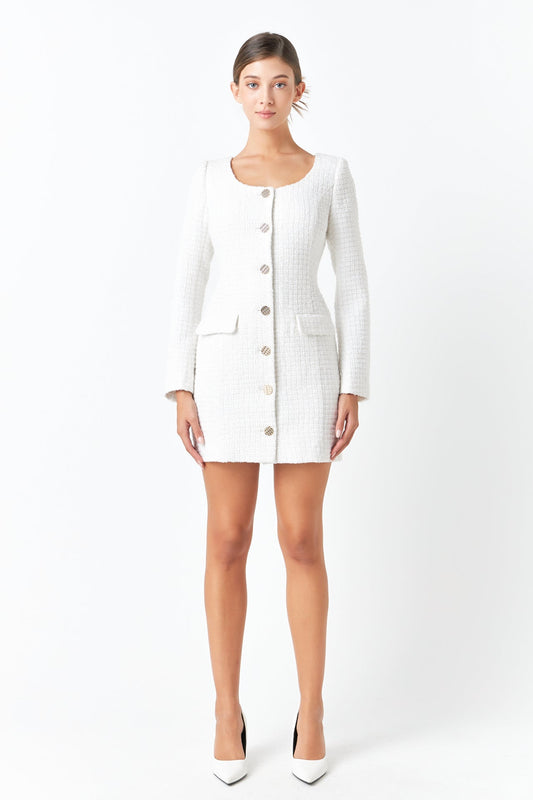 Scooped Neckline Tweed Dress