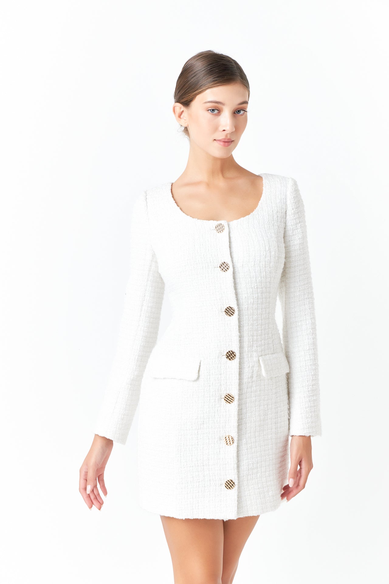 Scooped Neckline Tweed Dress