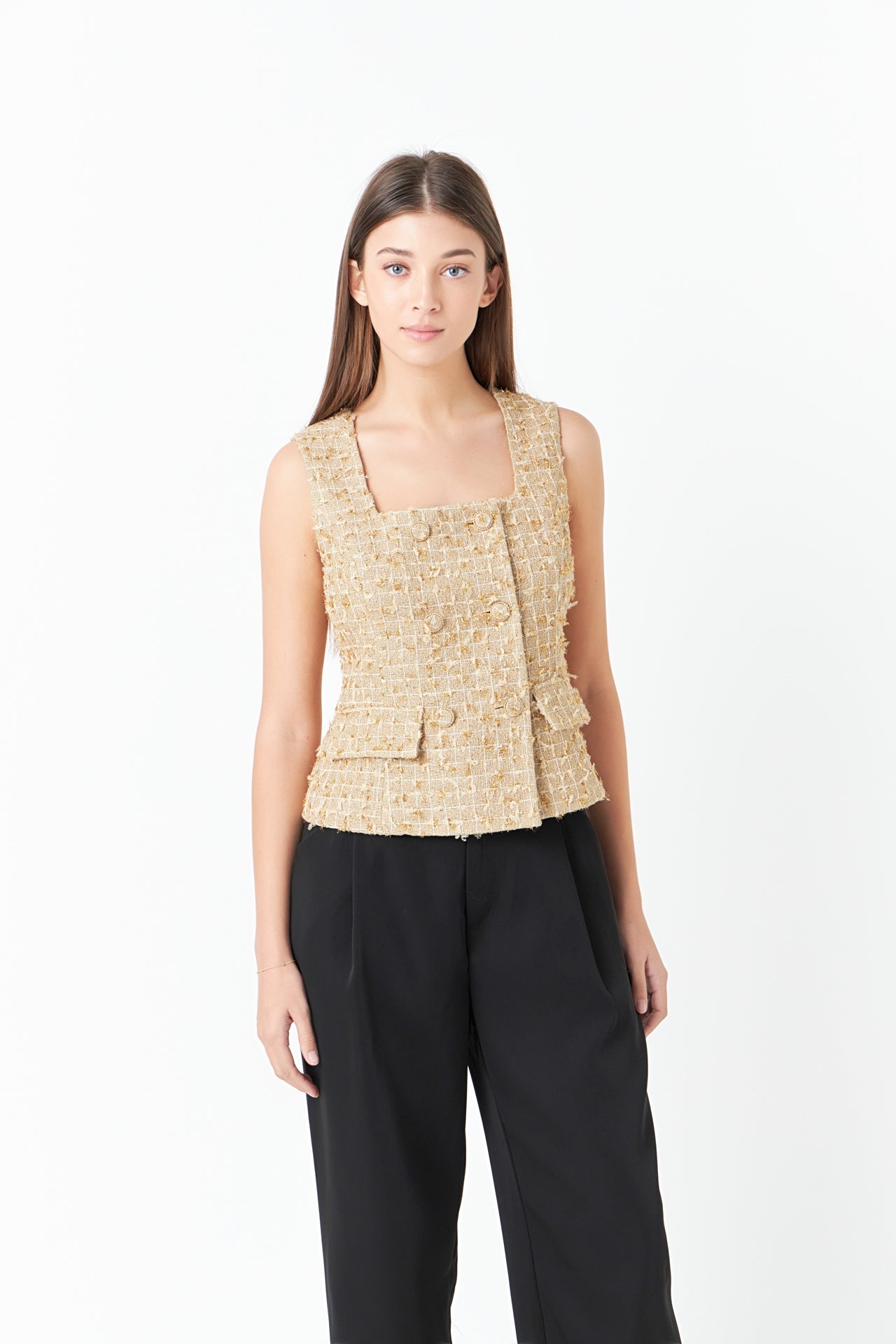 Gold Tweed Double Button Top