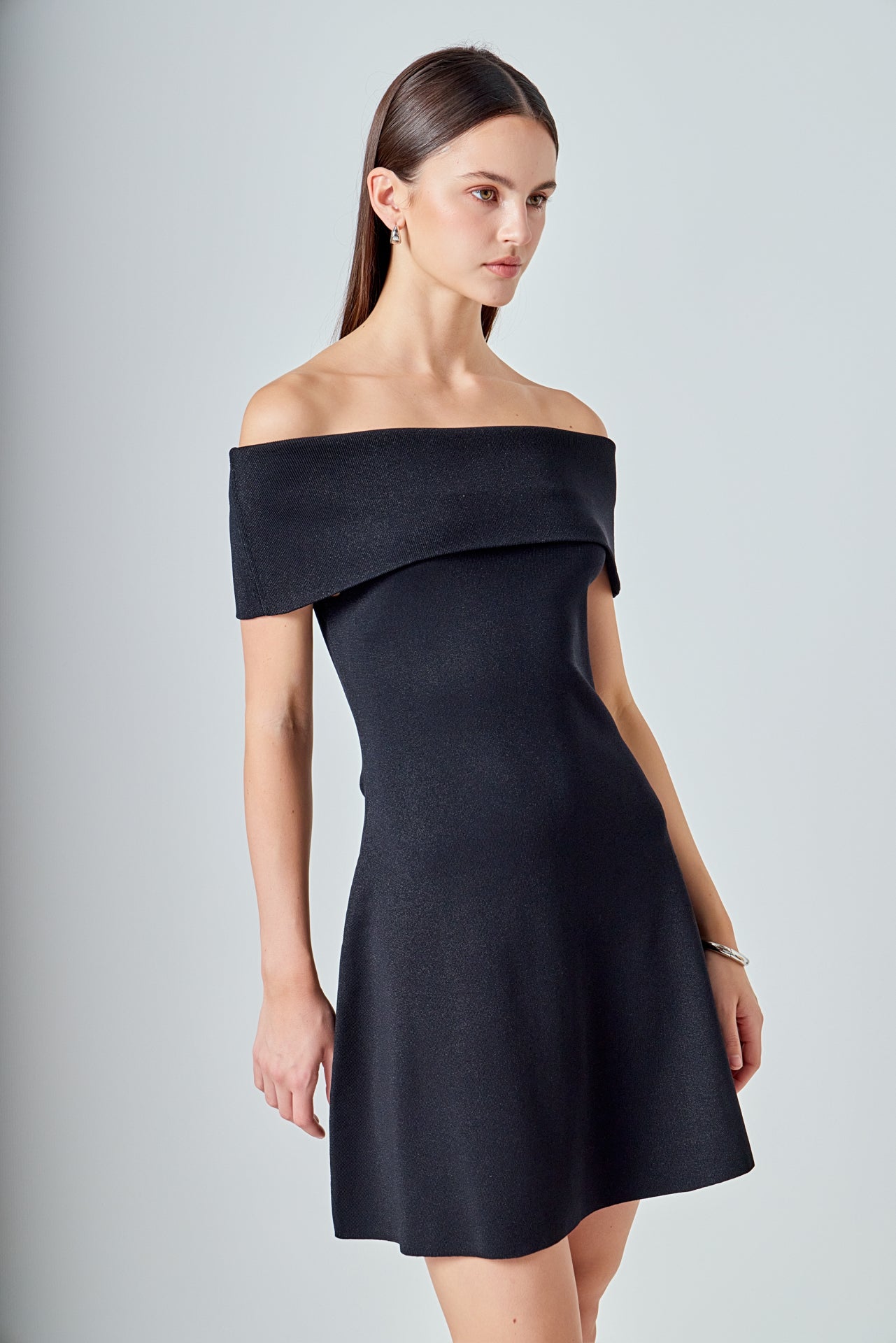 Off Shoulder Lurex Knit Mini Dress