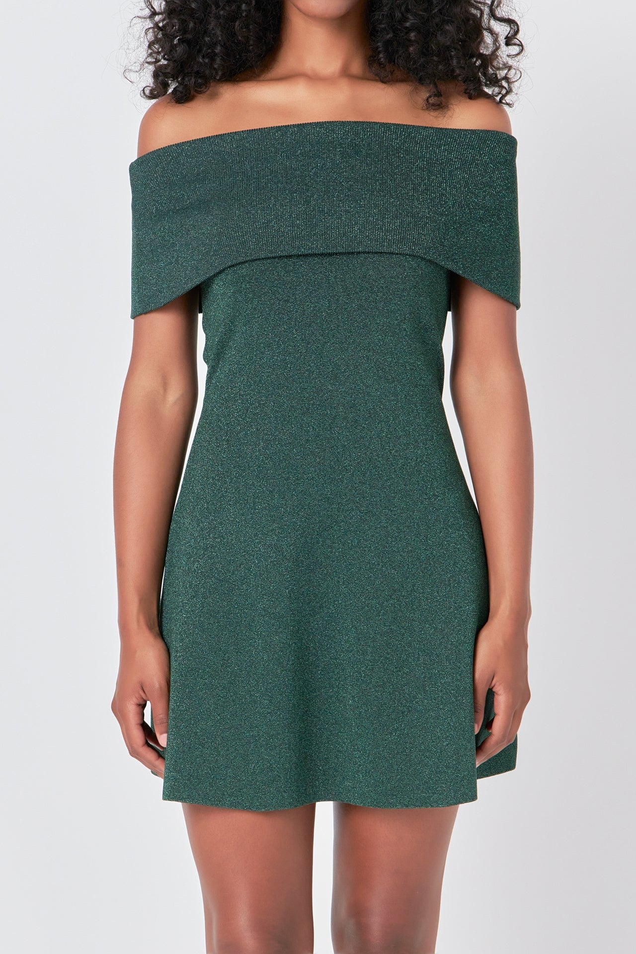 Off Shoulder Lurex Knit Mini Dress