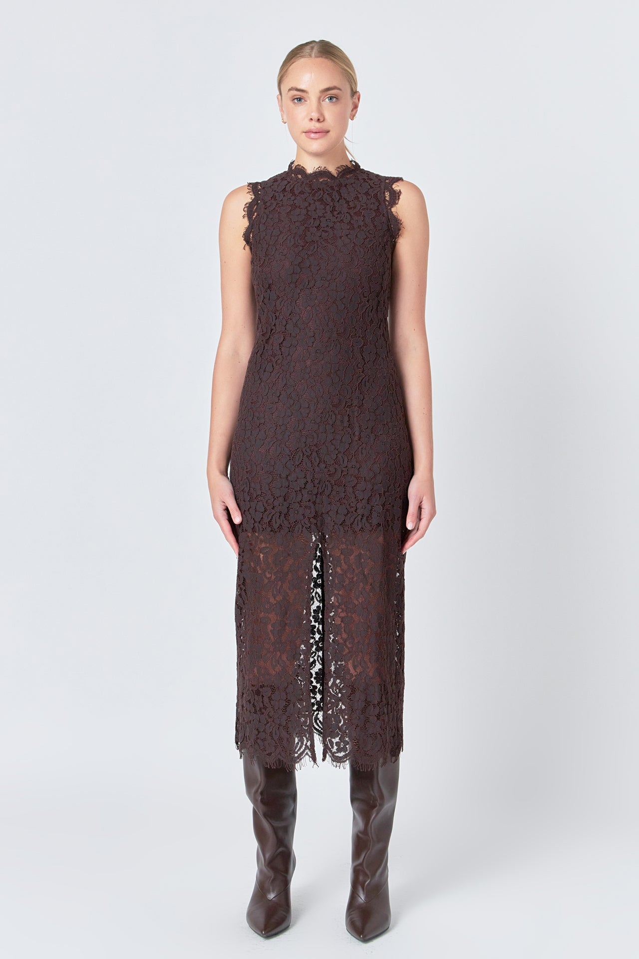 Front Slit Sleeveless Lace Maxi Dress