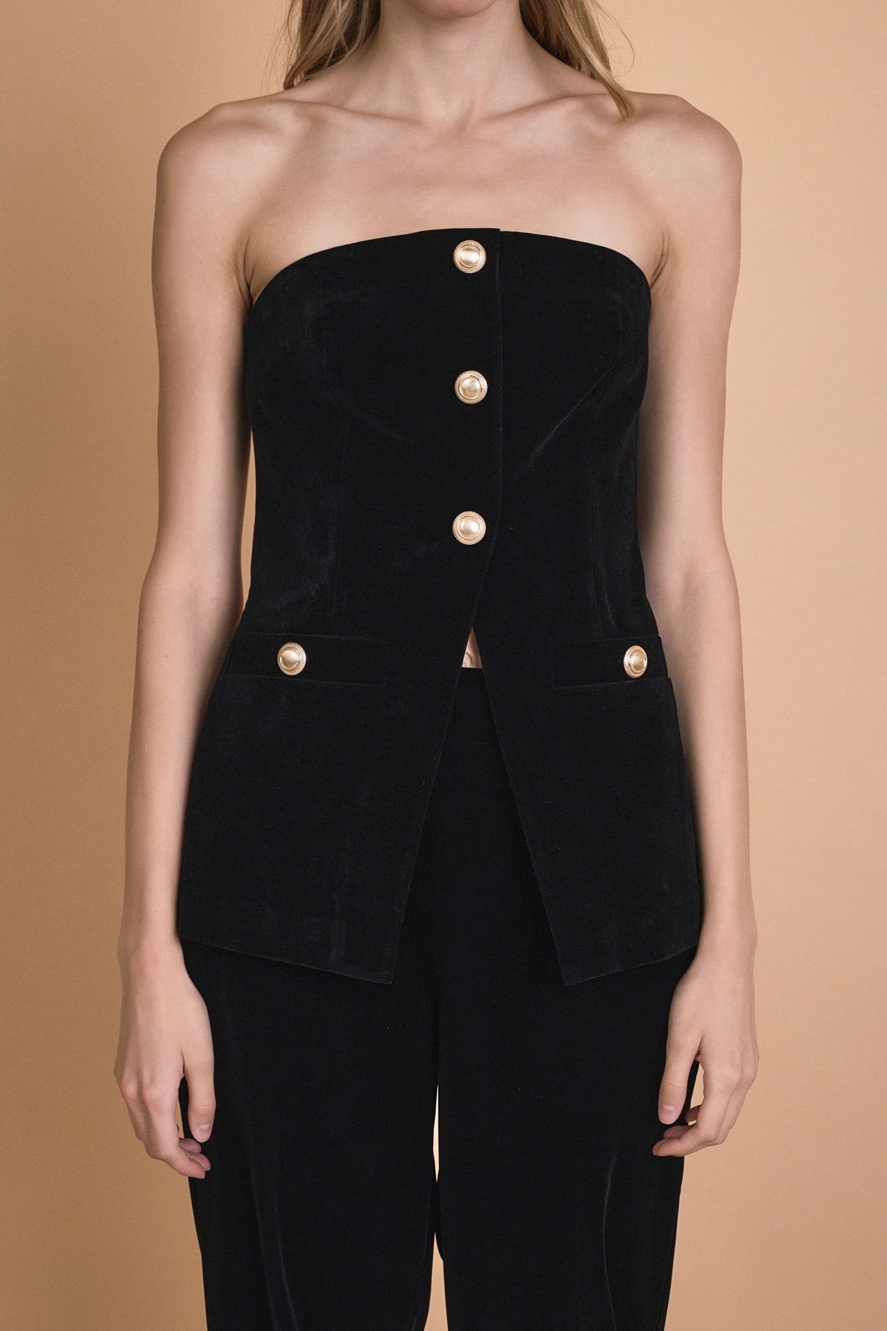 Velvet Strapless Buttoned Long Top