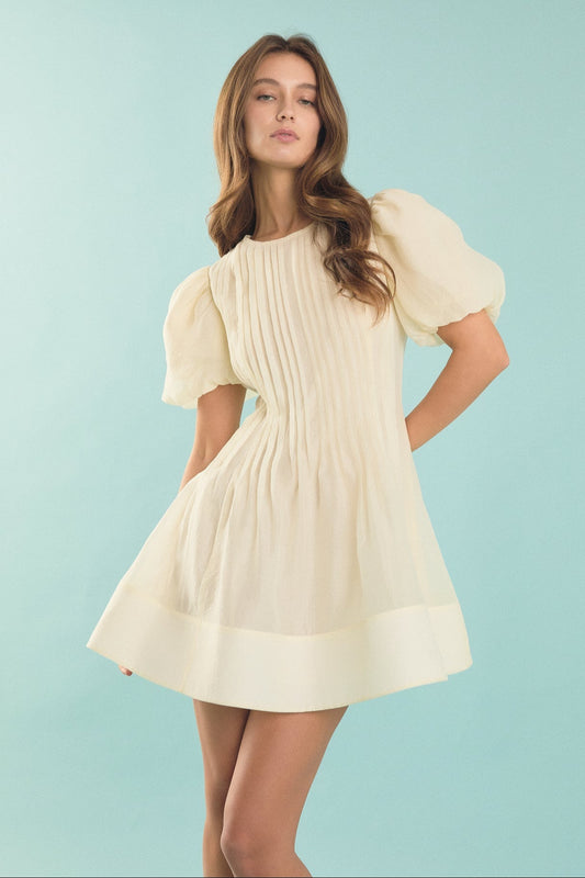 Bridget Organza Pintuck Blouson Puff Sleeve Mini Dress