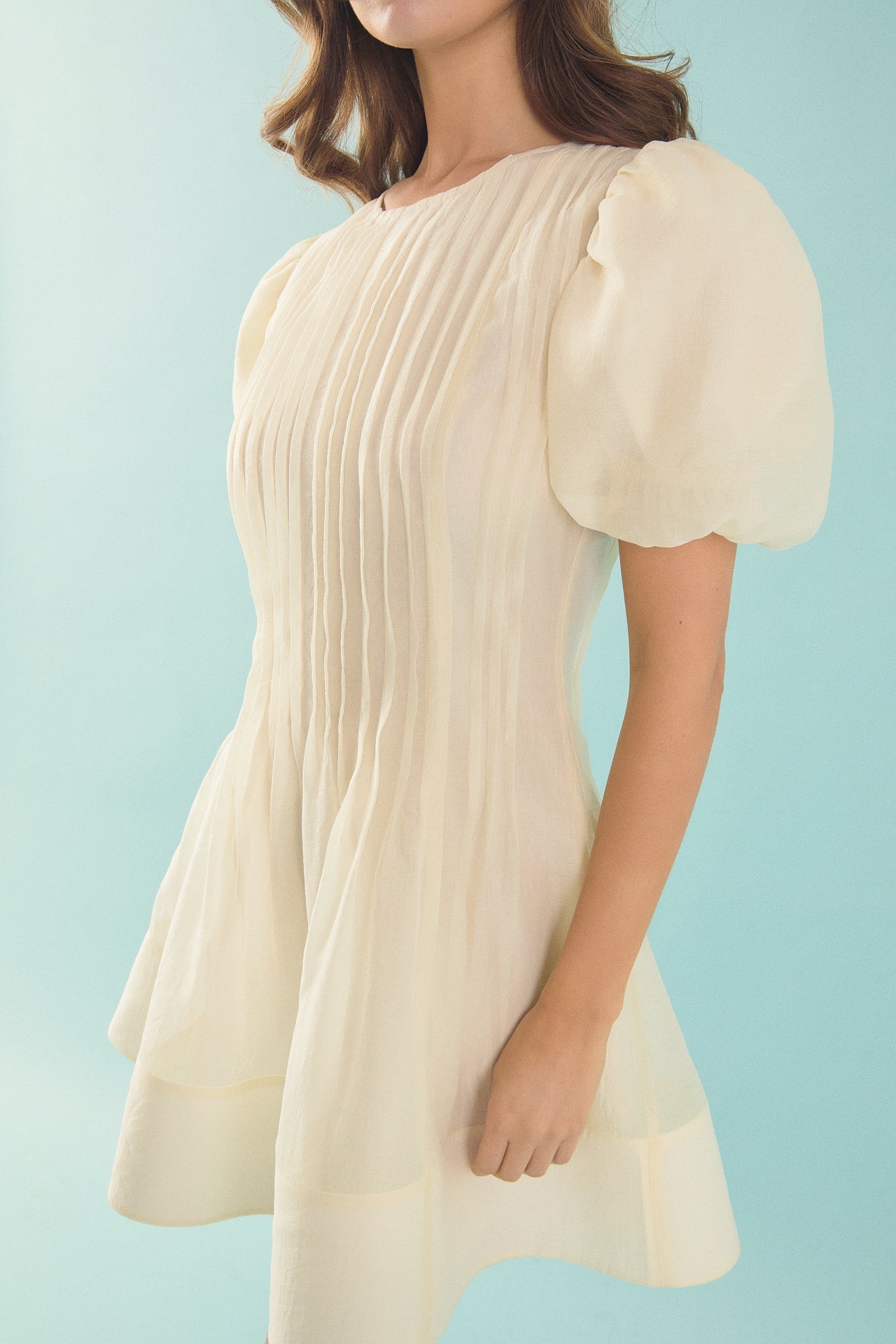 Bridget Organza Pintuck Blouson Puff Sleeve Mini Dress