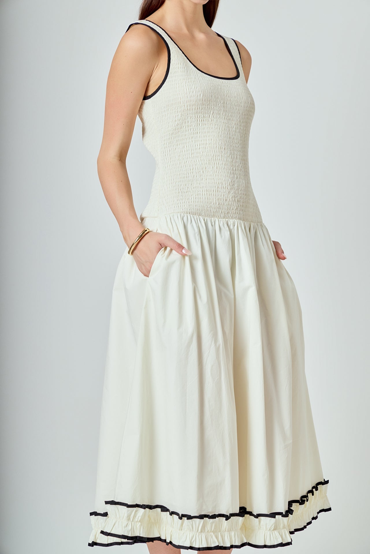 Estelle Drop waist Smocked Bodice Midi Dress