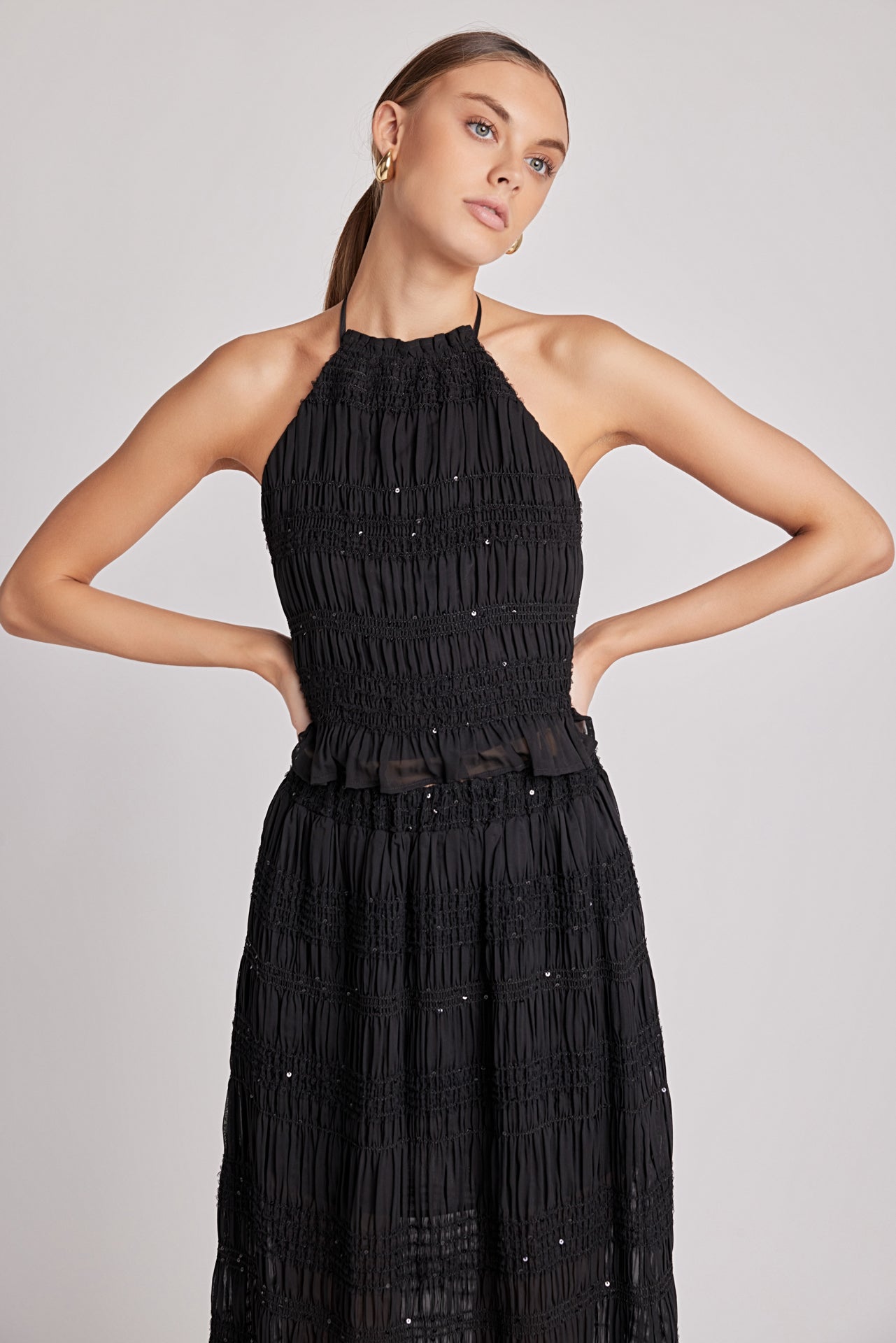 Chiffon Gathered Sequins Maxi Skirt